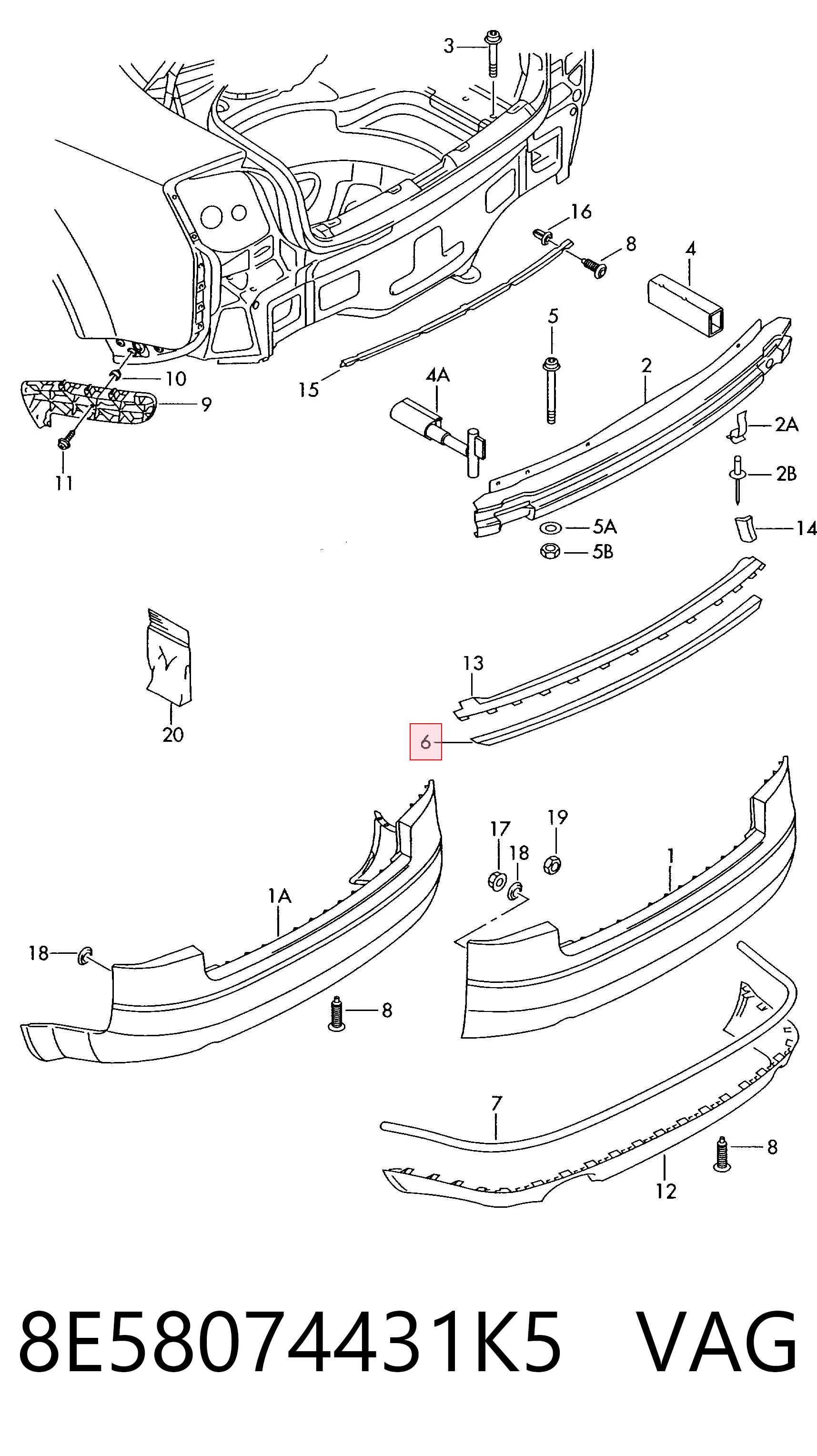 Moldura de parachoques trasero 8E58074431K5 VAG