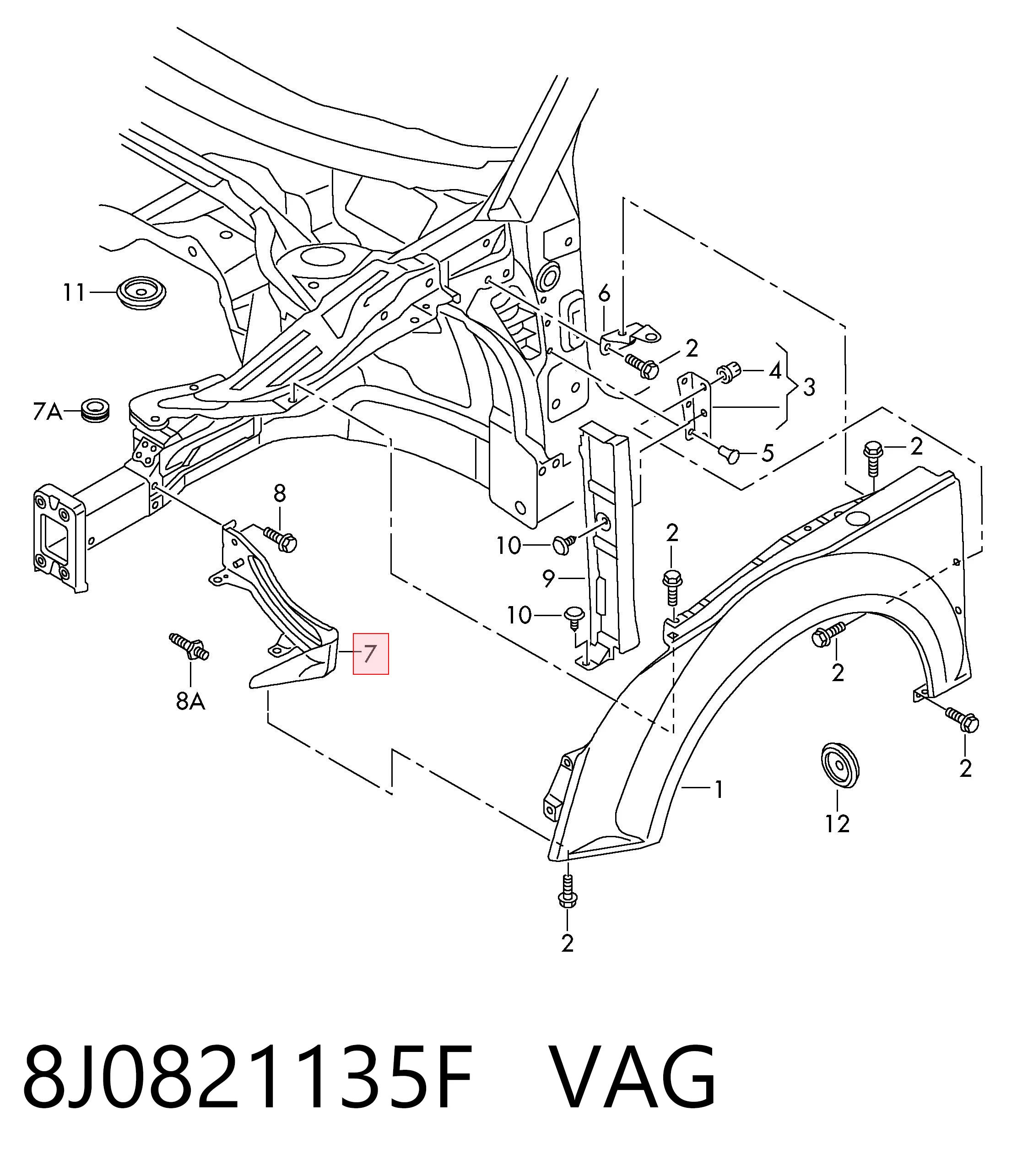 8J0821135F VAG Soporte delantero izquierdo para aleta delantera