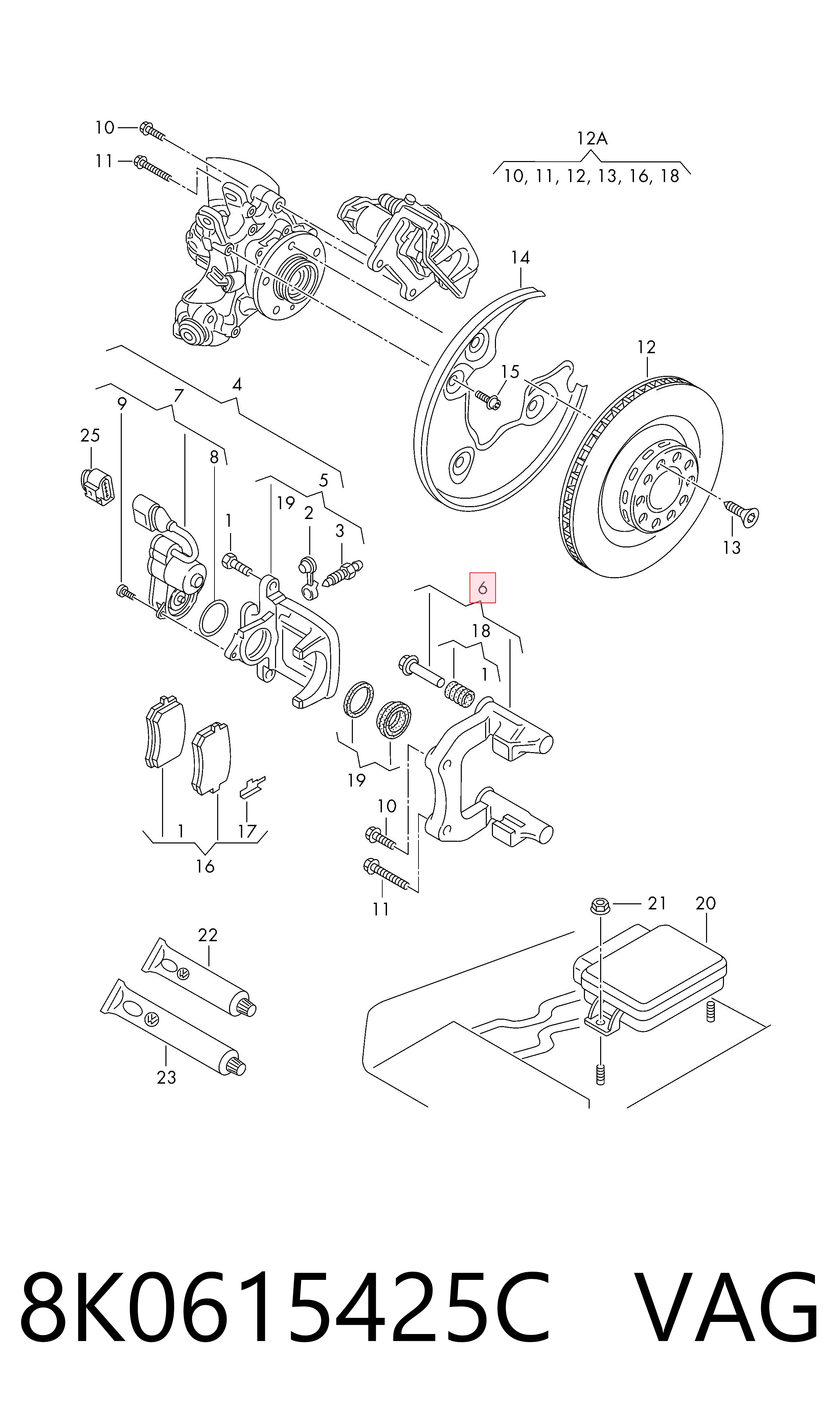 8K0615425C VAG Soporte de la pinza de freno trasera