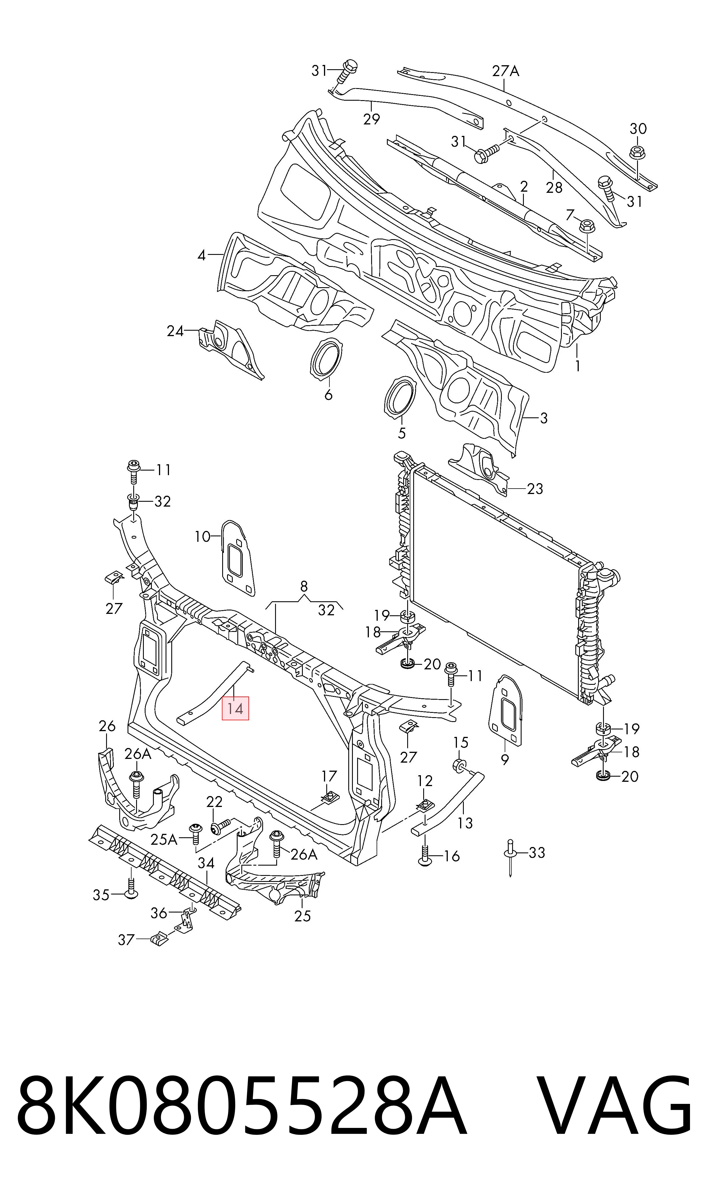 8K0805528A VAG Refuerzo inferior del soporte del radiador