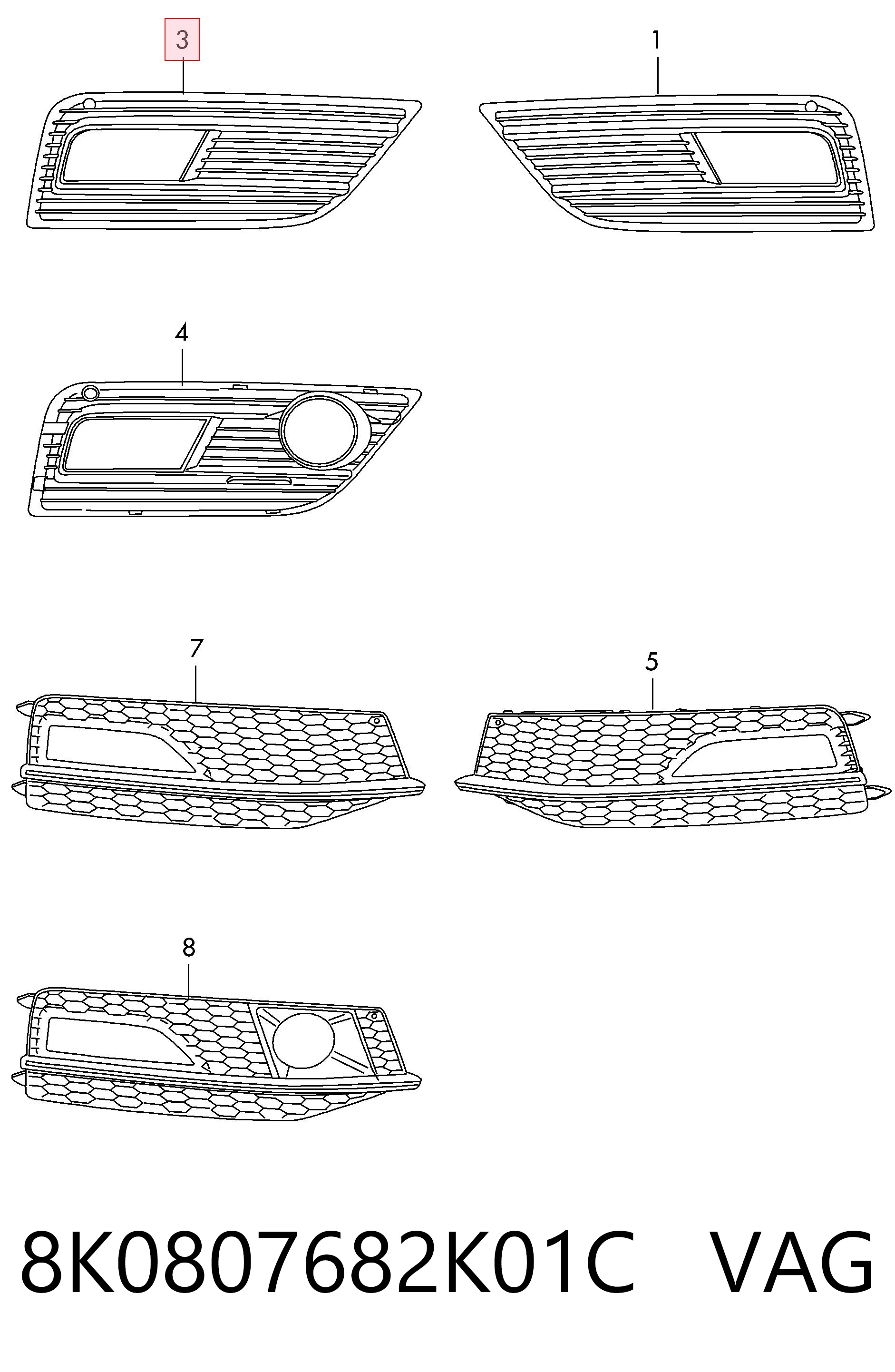 8K0807682K01C VAG Tapa de rejilla de faro antiniebla delantero derecho