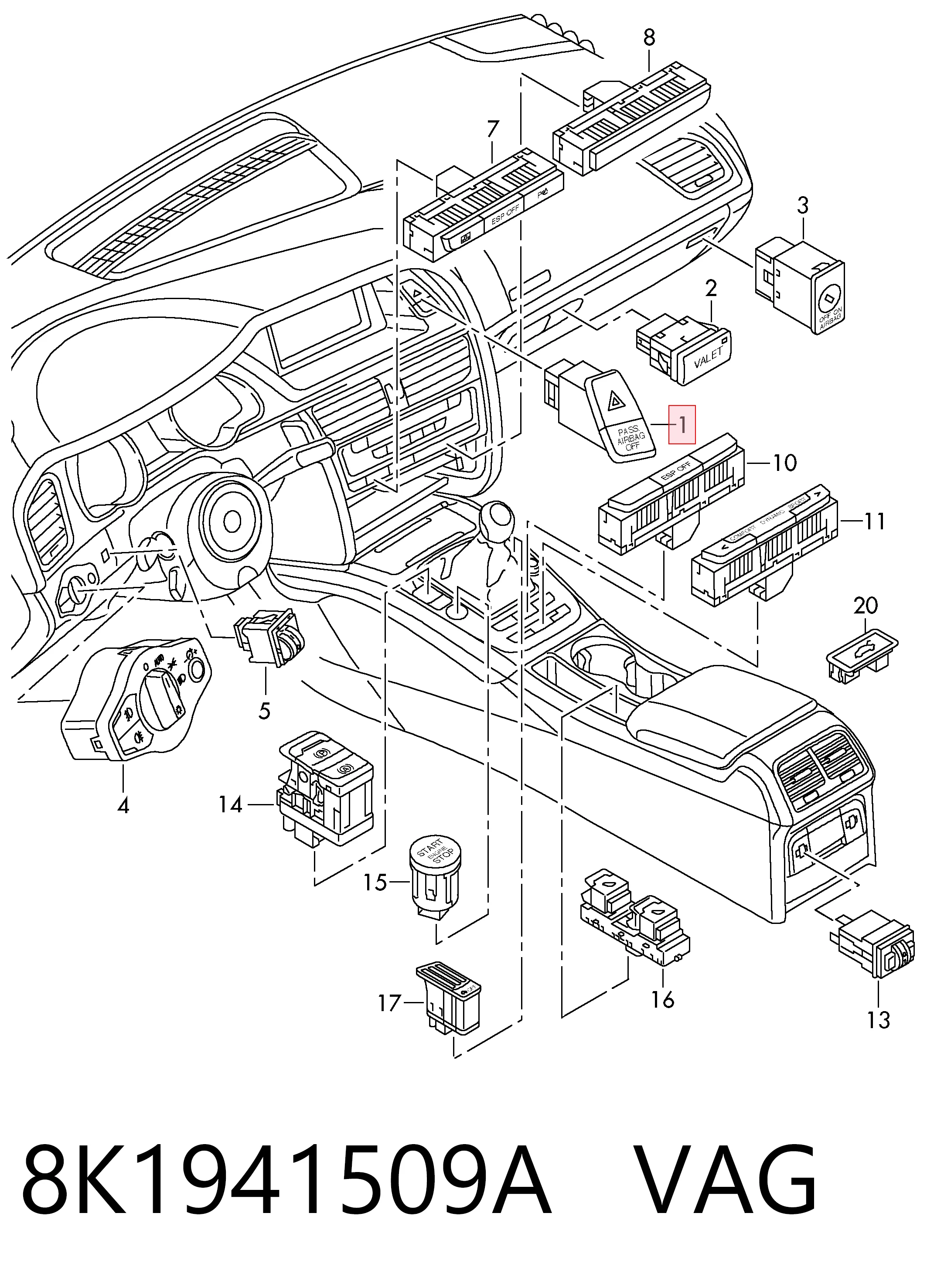 Boton de luz de emergencía para Audi A4 B8 8K2