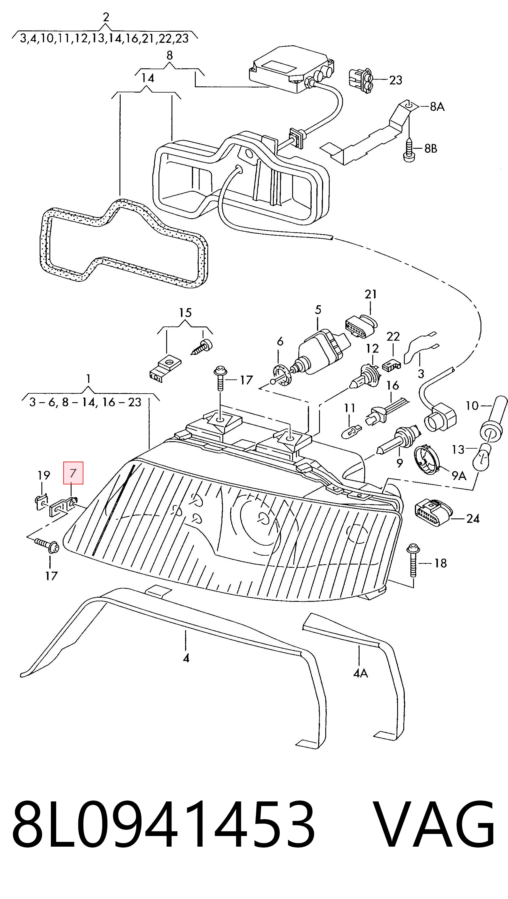 8L0941453 VAG Adaptador para montaje de faros delantero izquierdo