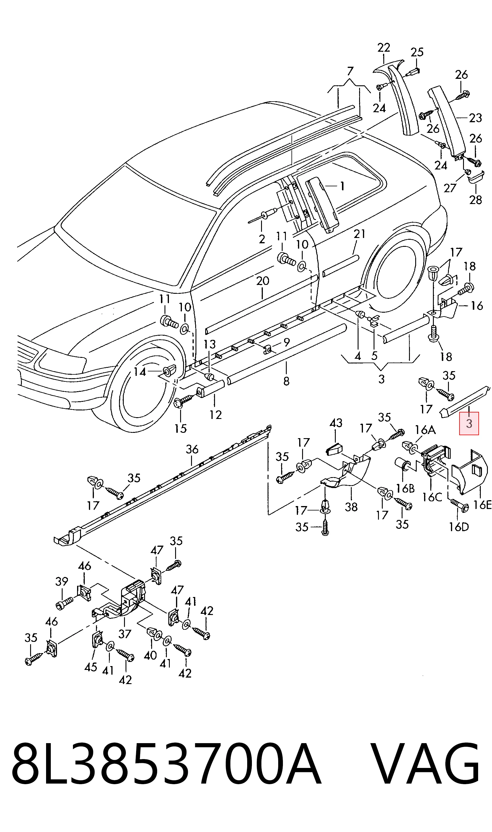8L3853700A VAG Moldura exterior del umbral trasero derecho