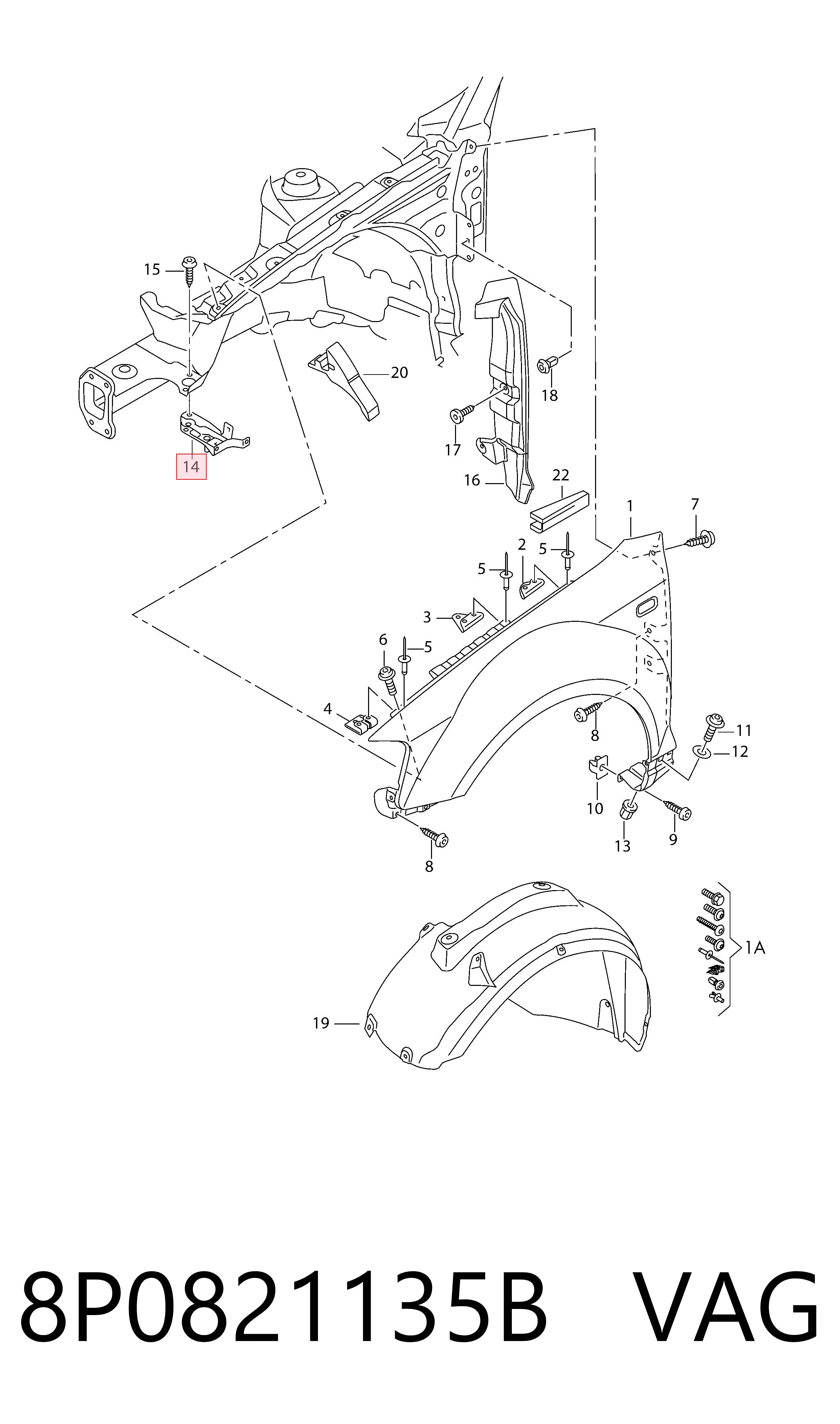 8P0821135B VAG Soporte delantero izquierdo para aleta delantera