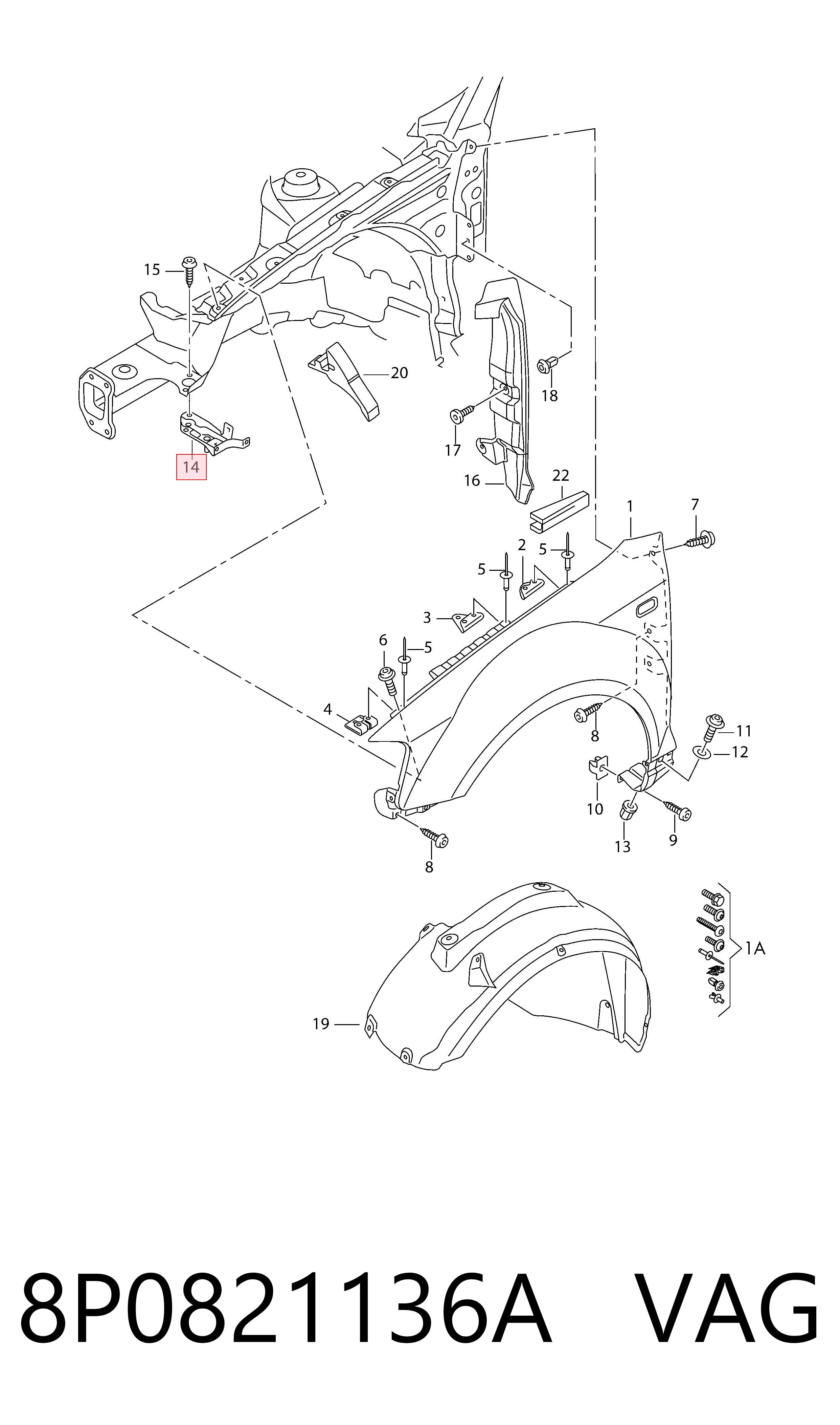 8P0821136A VAG Soporte delantero de guardabarros delantero derecho
