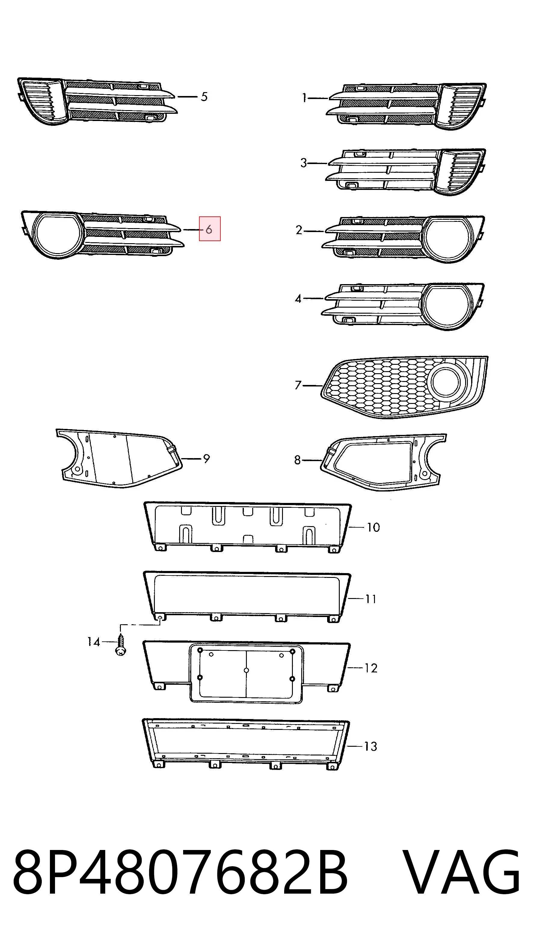 8P4807682B VAG Tapa de rejilla de faro antiniebla delantero derecho