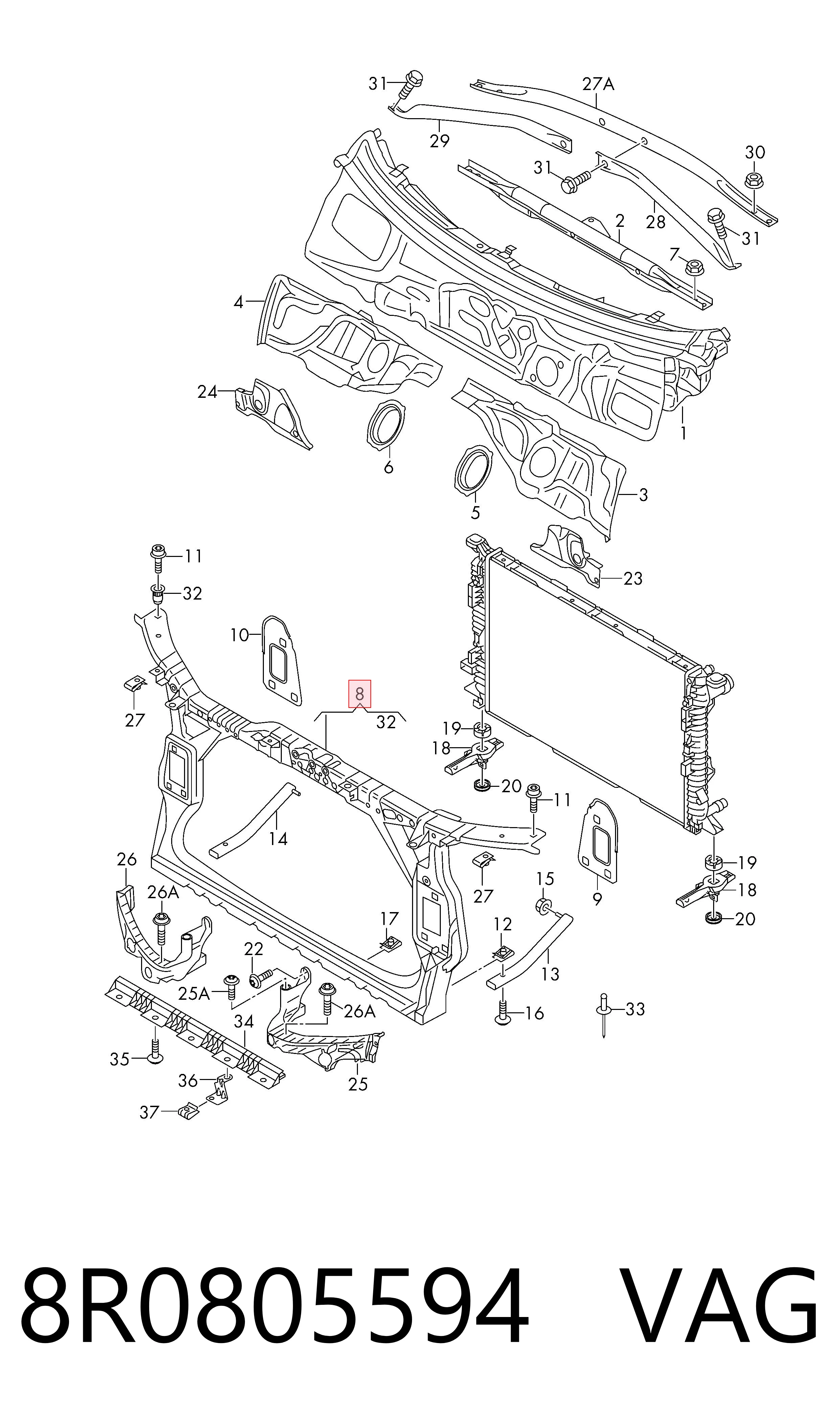 8R0805594 VAG Soporte de radiador completo (panel de montaje para foco)