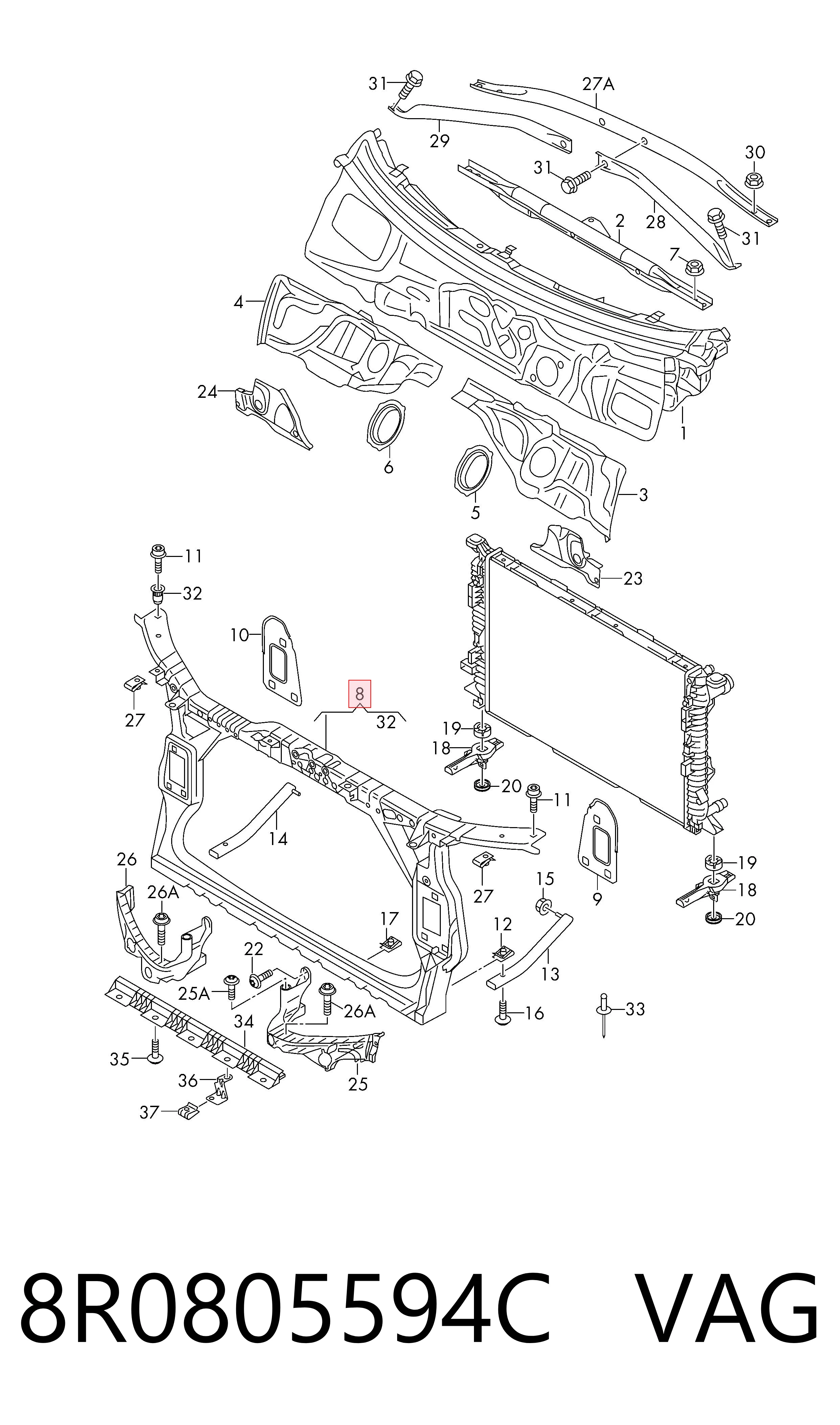 8R0805594C VAG Soporte de radiador completo (panel de montaje para foco)