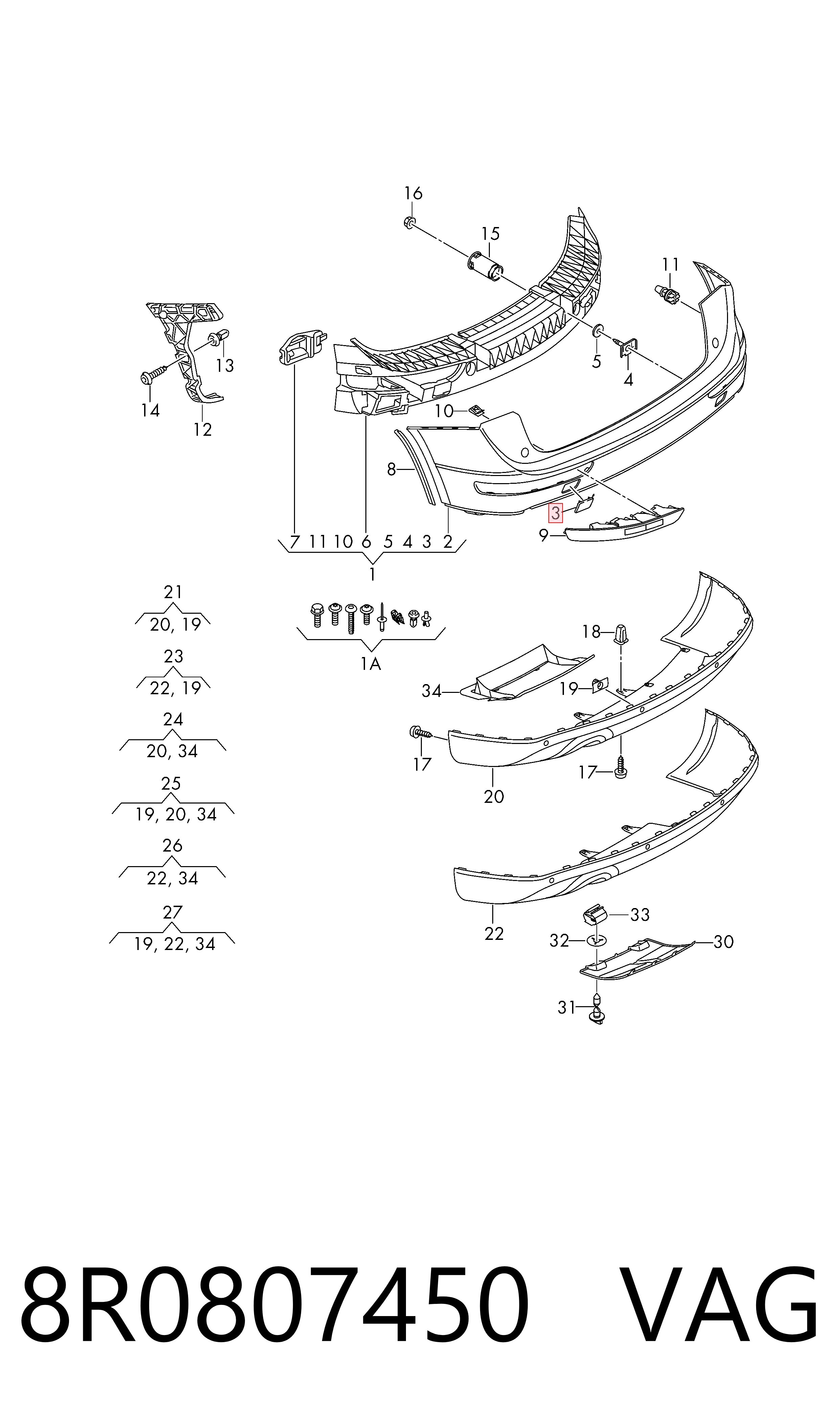 8R0807450 VAG Tapa de gancho de remolque trasero del parachoques