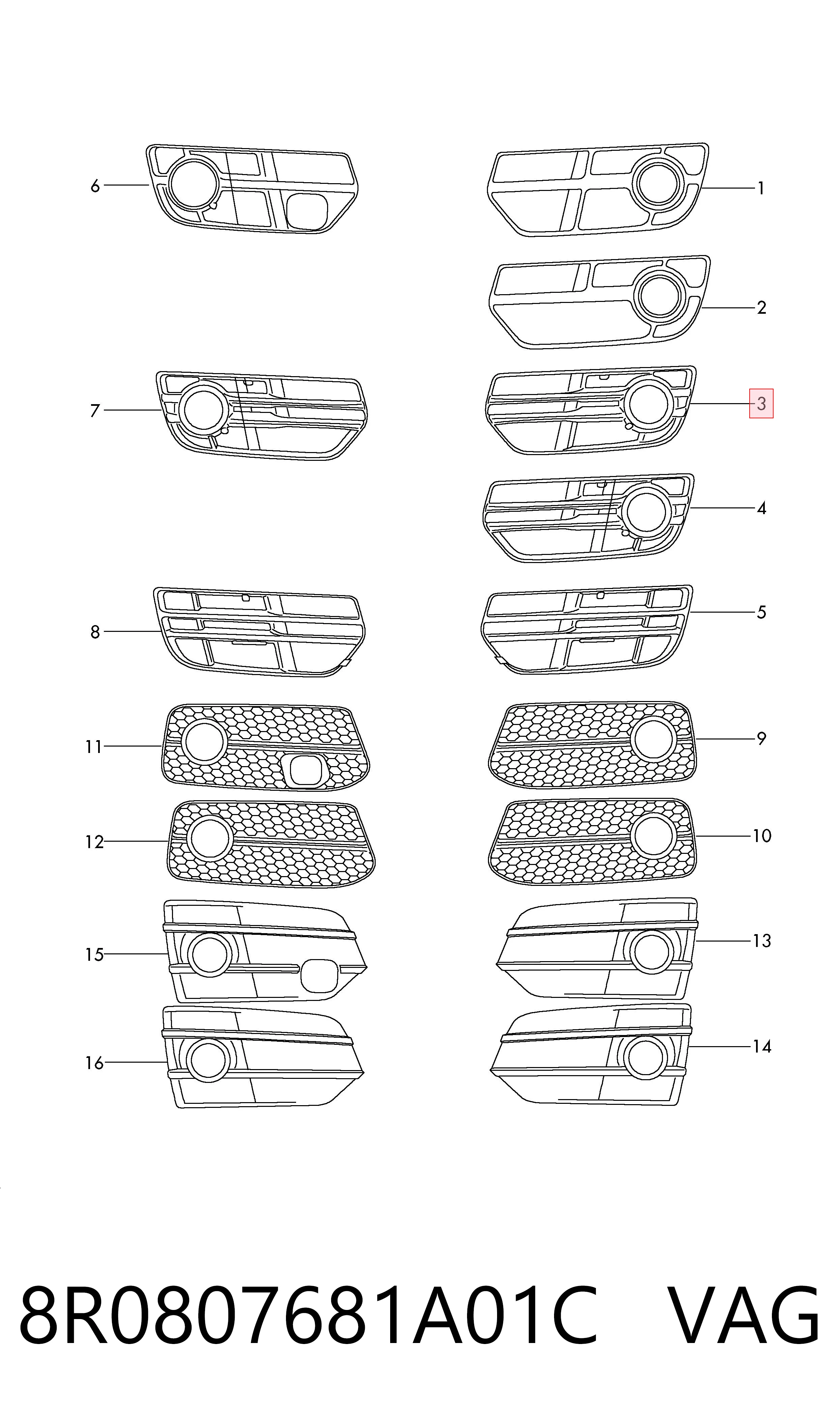 8R0807681A01C VAG Tapa de rejilla de faro antiniebla delantero izquierdo