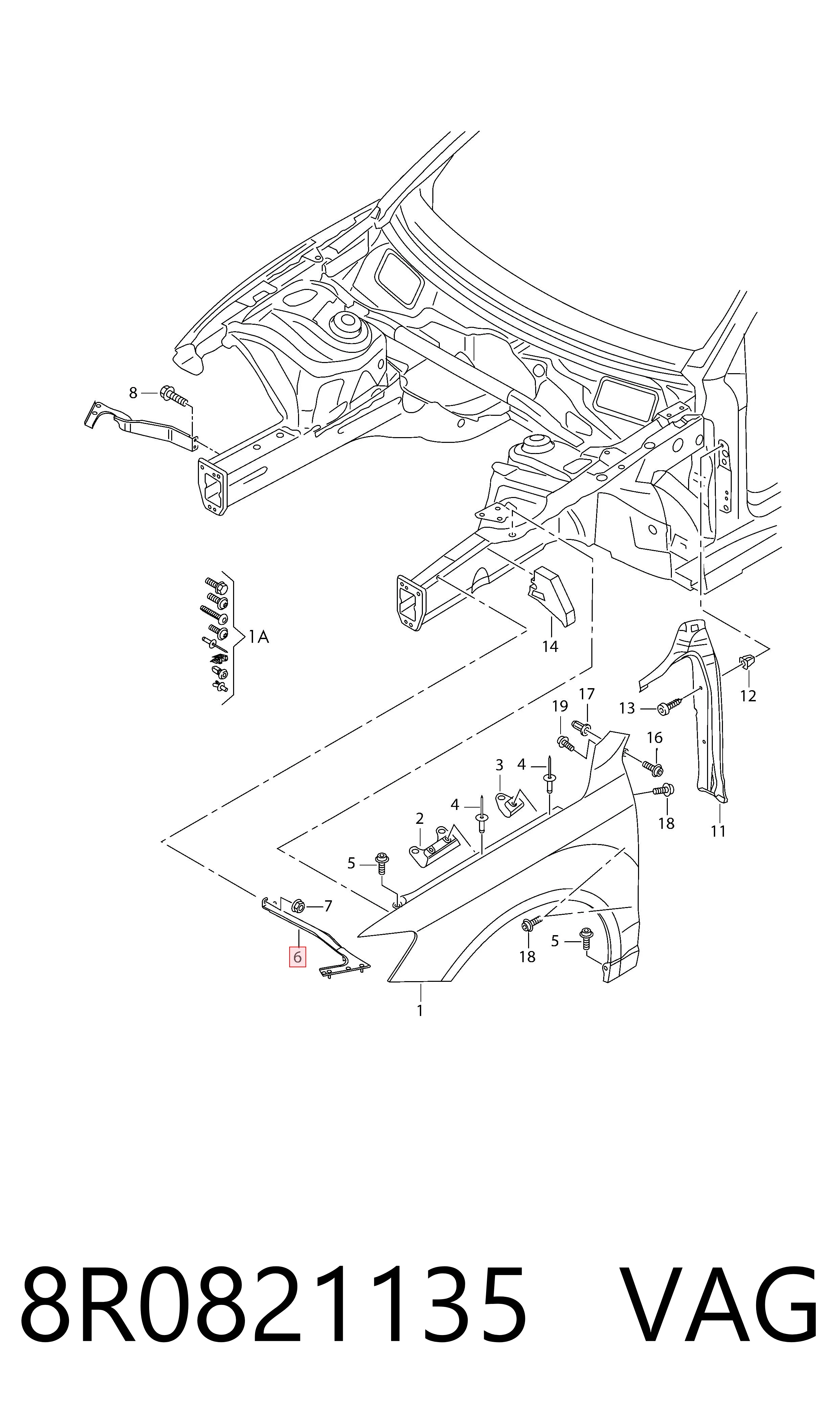 8R0821135 VAG Soporte delantero izquierdo para aleta delantera