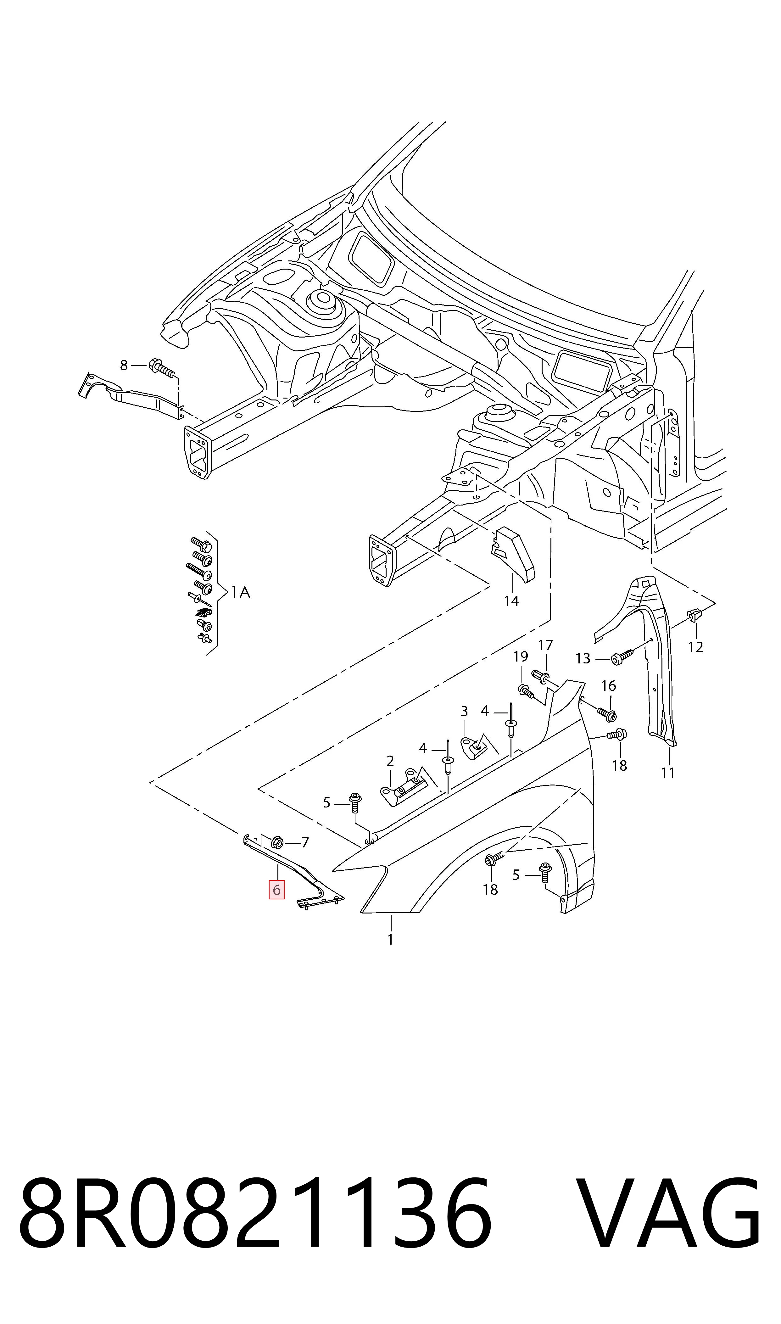 8R0821136 VAG Soporte delantero de guardabarros delantero derecho