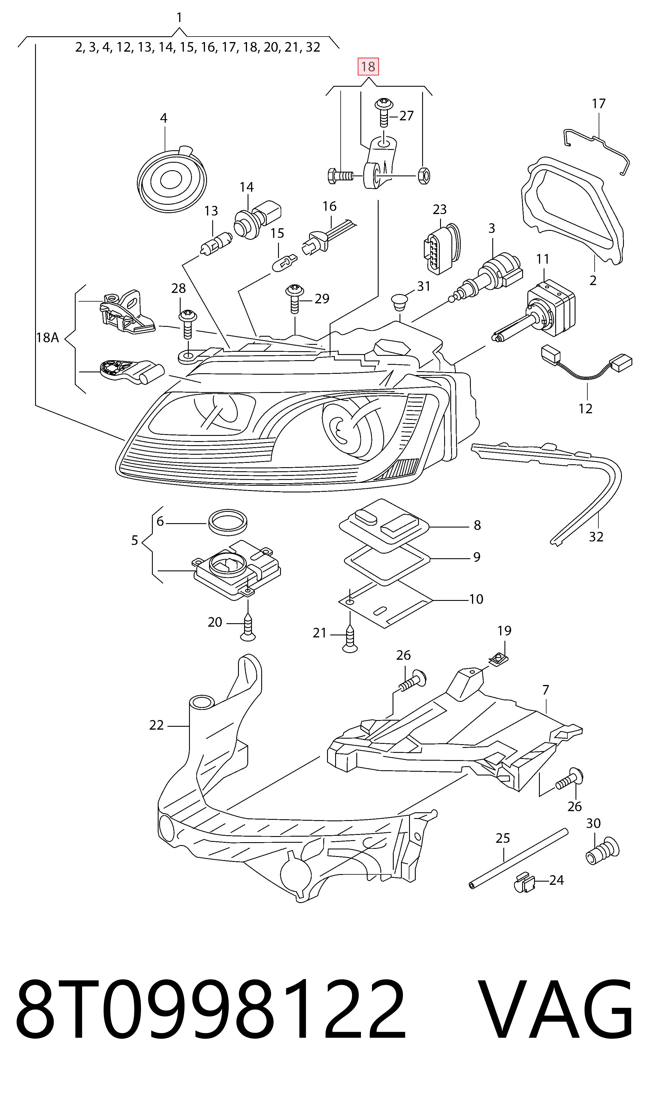 8T0998122 VAG Soporte de fijación del faro delantero derecho