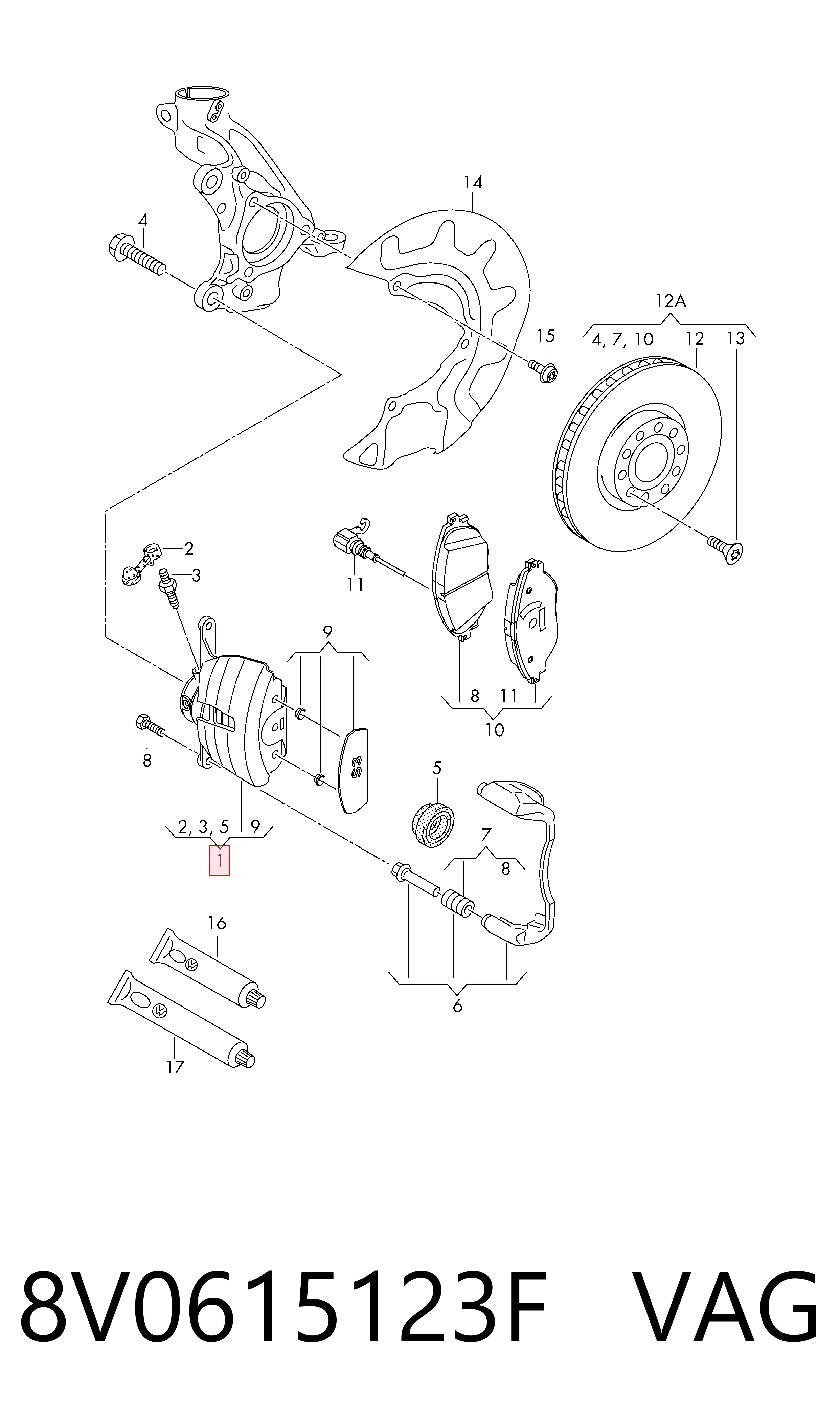 8V0615123F VAG Pinza de freno delantera izquierda