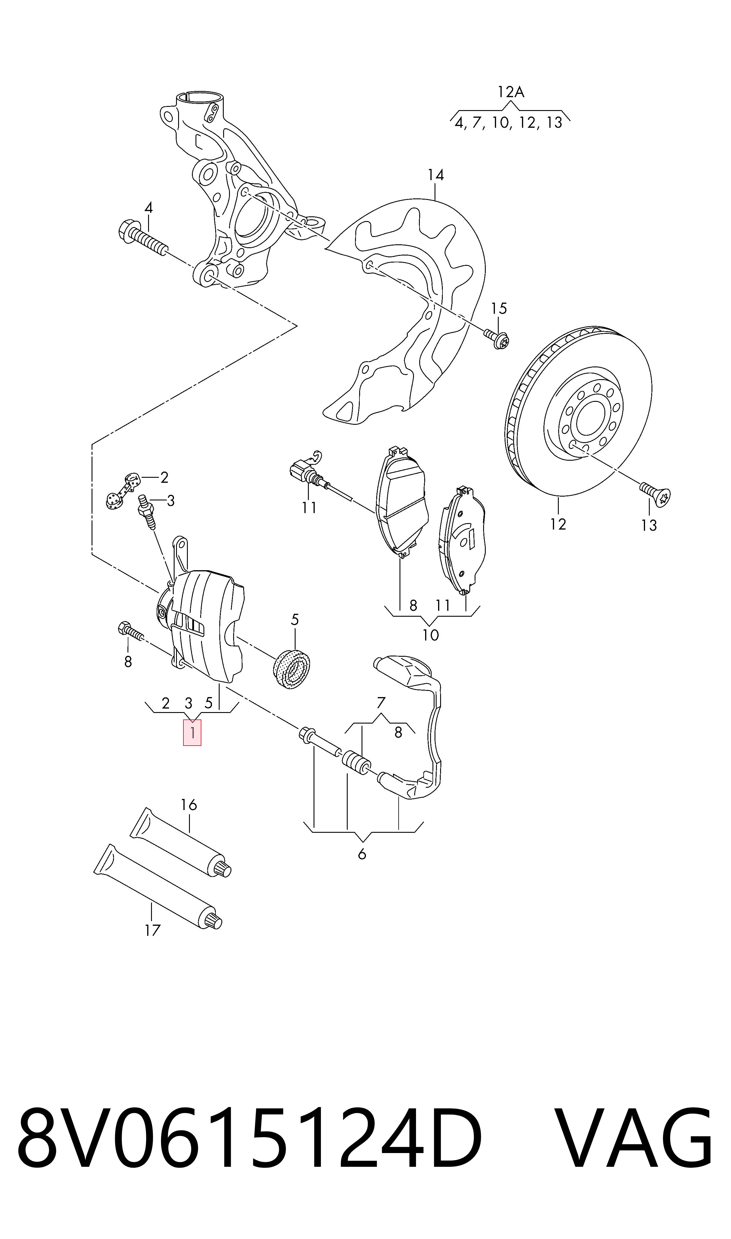 8V0615124D VAG Pinza de freno delantera derecha