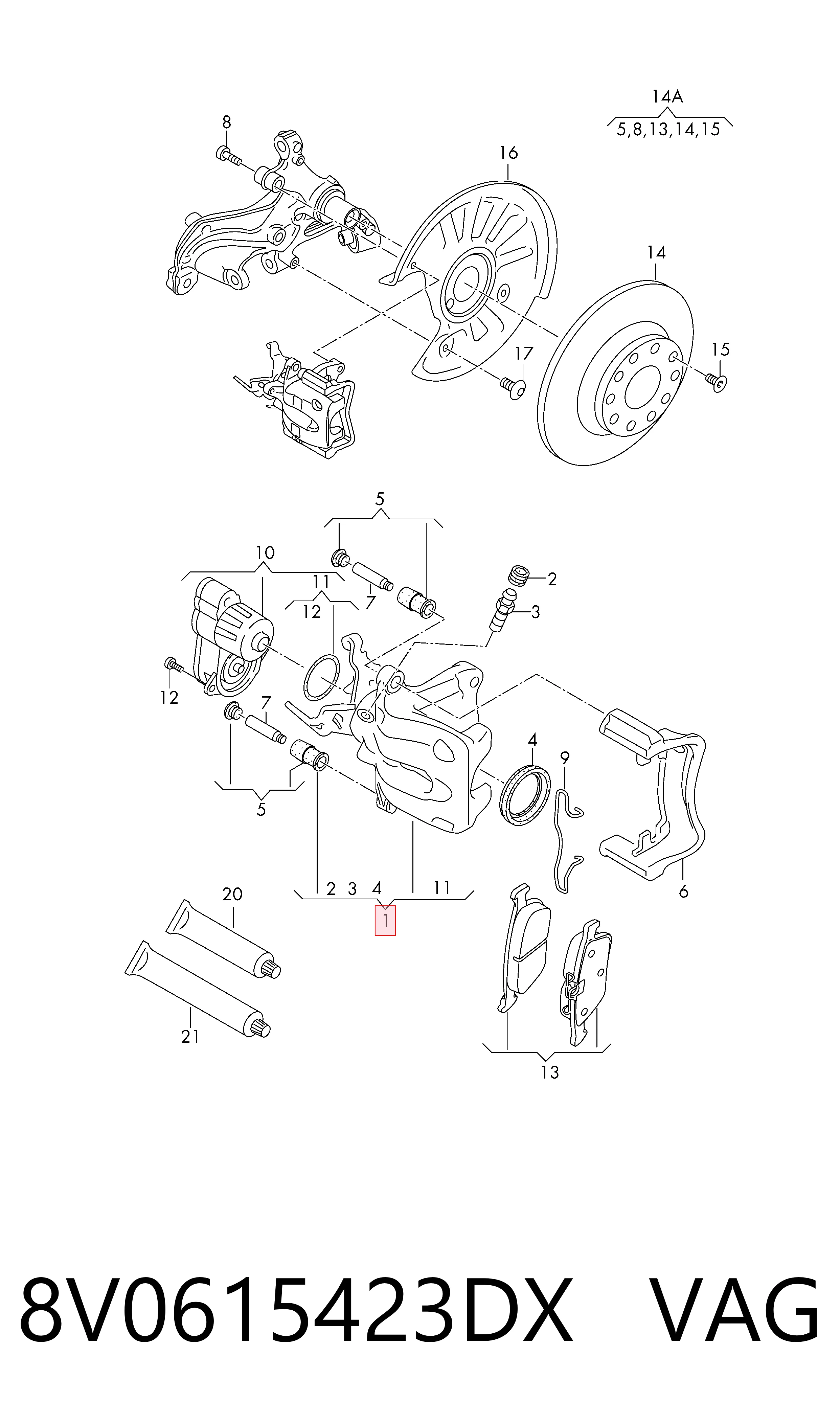 8V0615423DX VAG Pinza de freno trasera izquierda