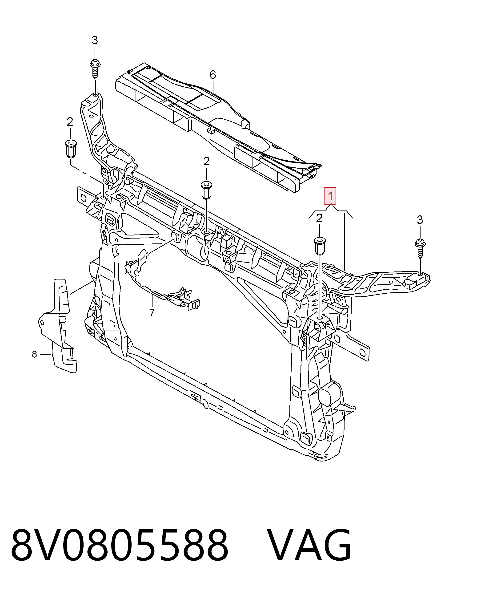 8V0805588 VAG Soporte de radiador completo (panel de montaje para foco)