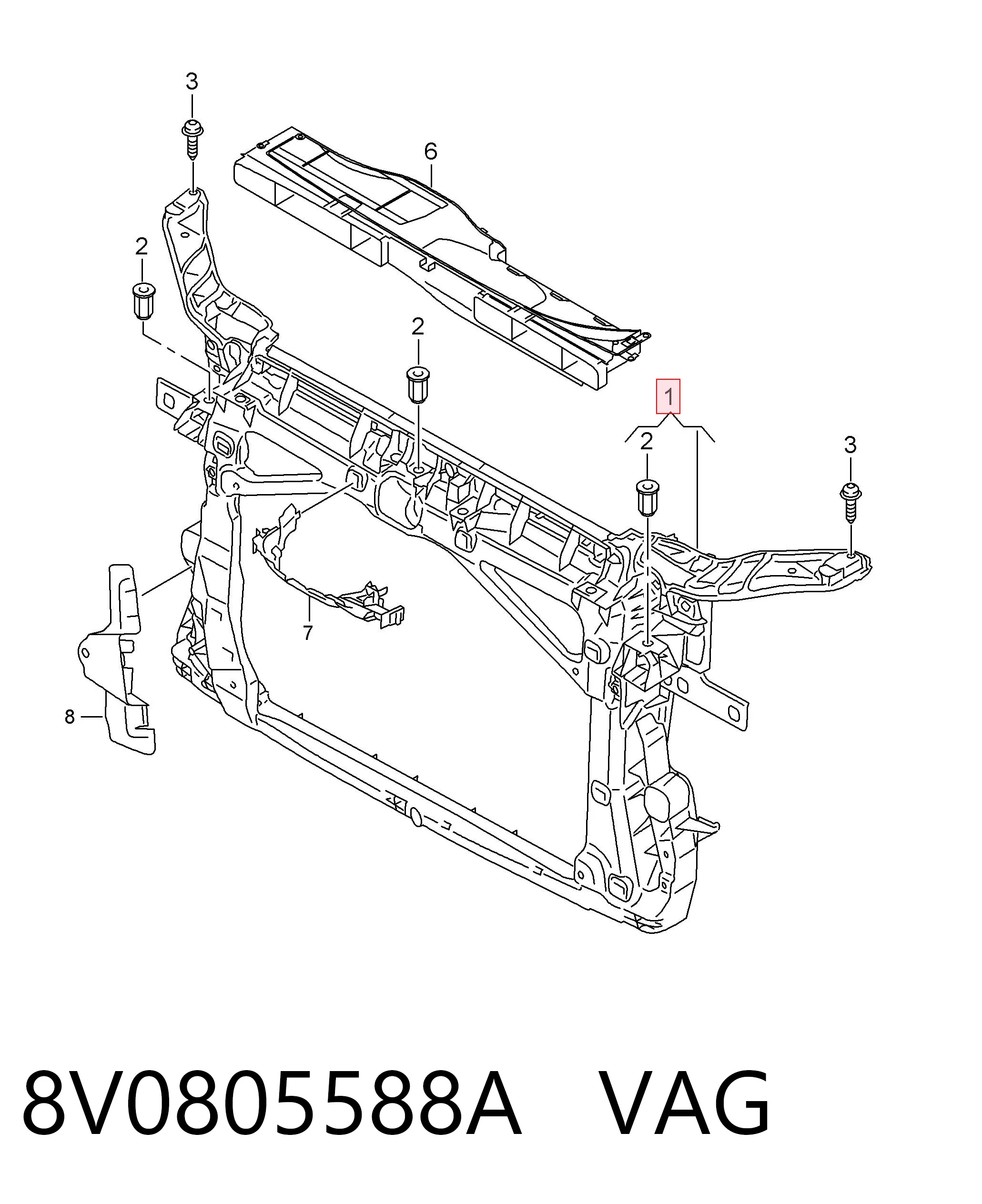 8V0805588A VAG Soporte de radiador completo (panel de montaje para foco)