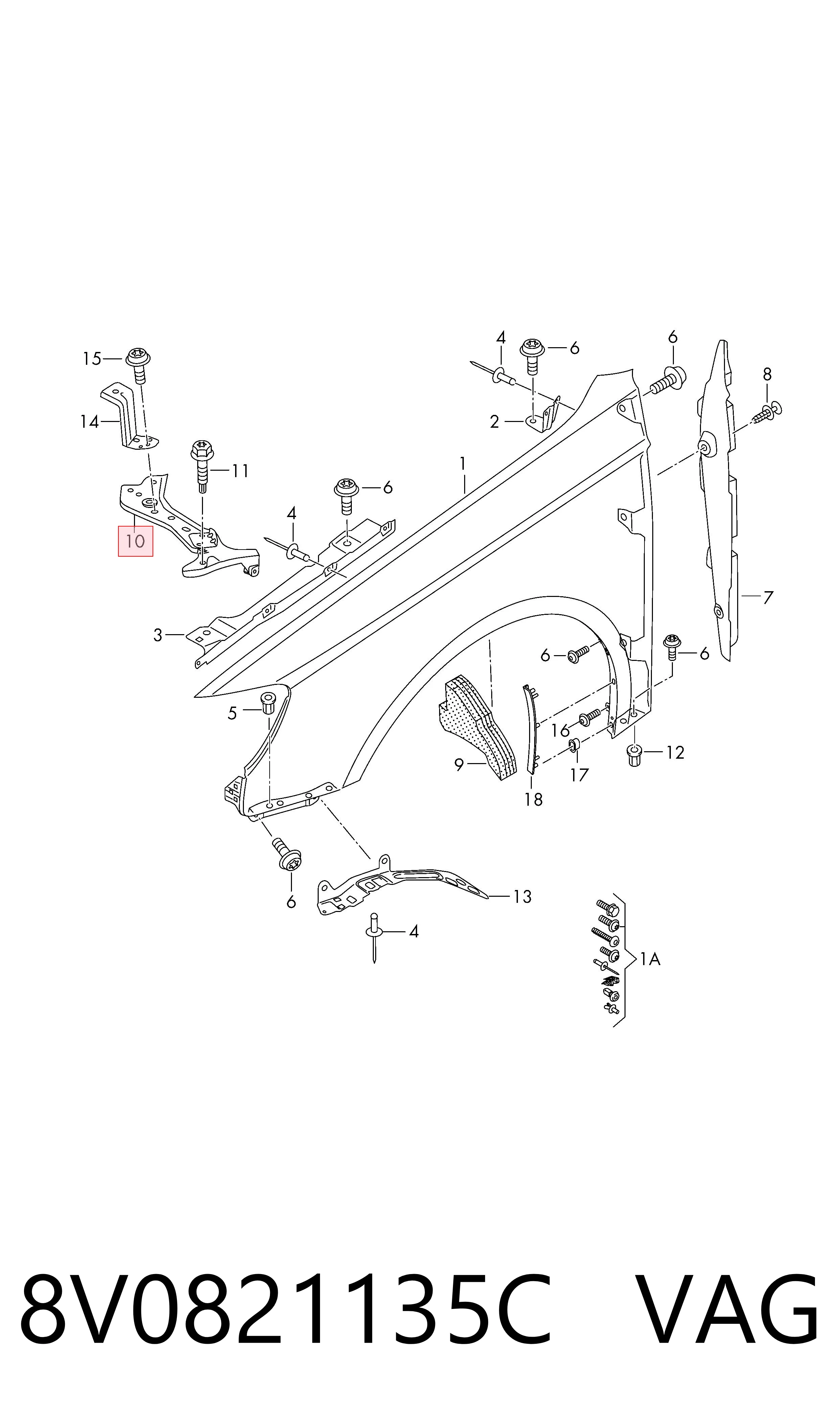 Soporte delantero izquierdo para aleta delantera 8V0821135C VAG