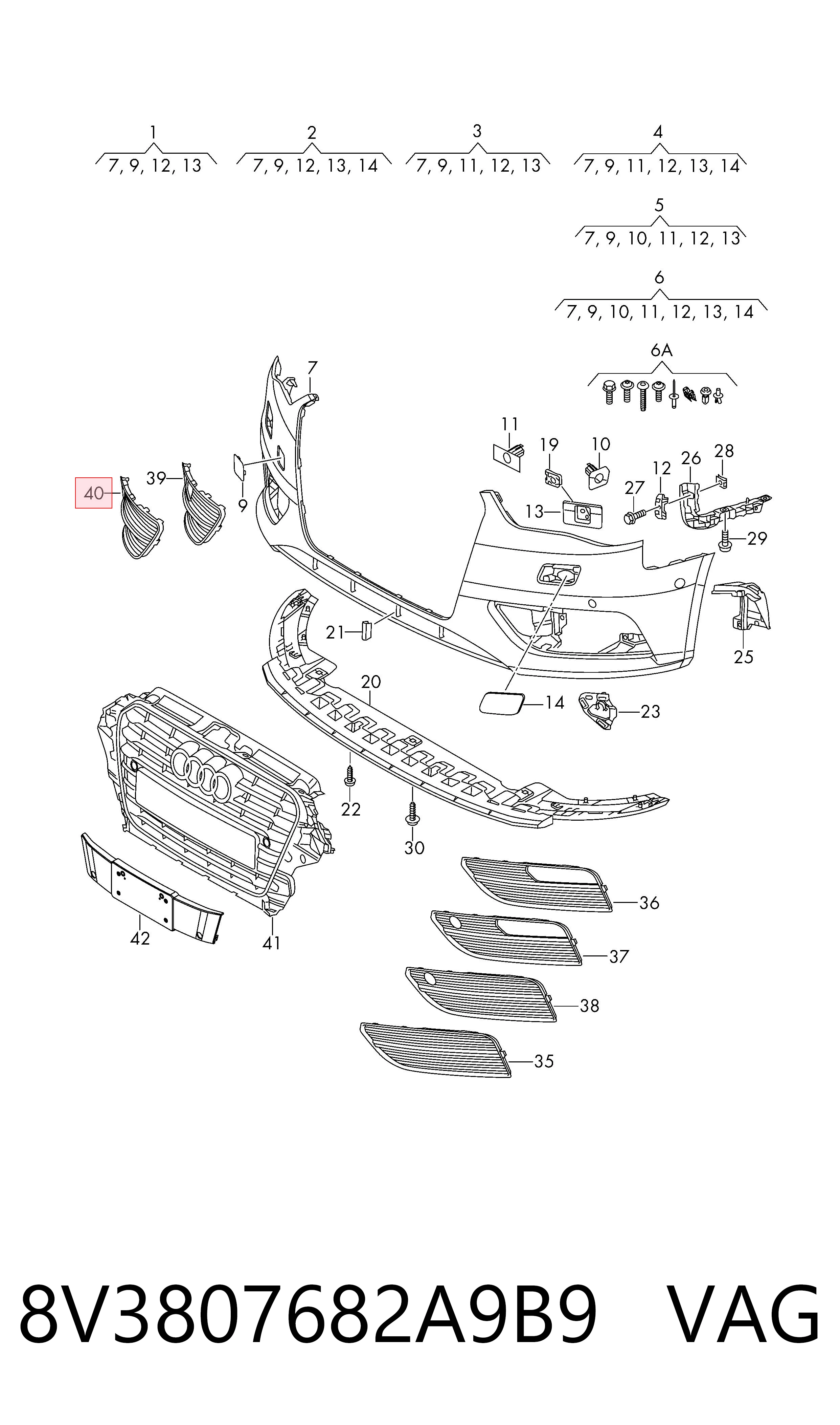 8V3807682A9B9 VAG Tapa de rejilla de faro antiniebla delantero derecho