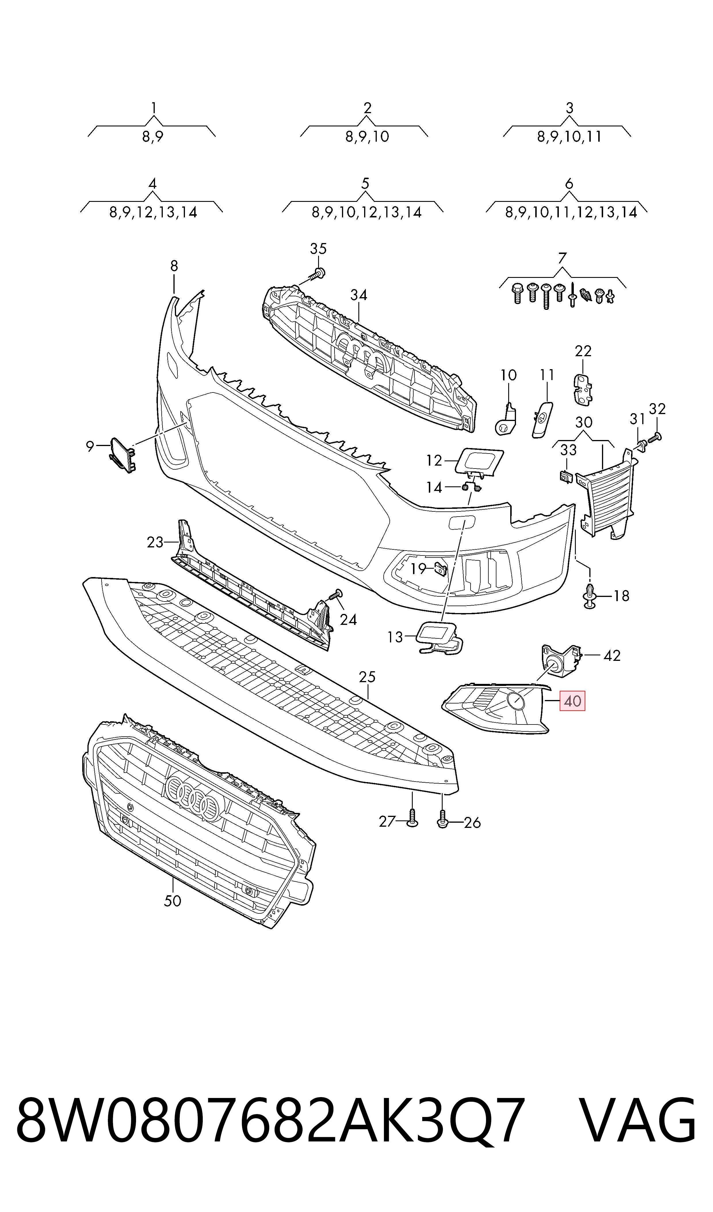 8W0807682AK3Q7 VAG Rejilla derecha del parachoques delantero