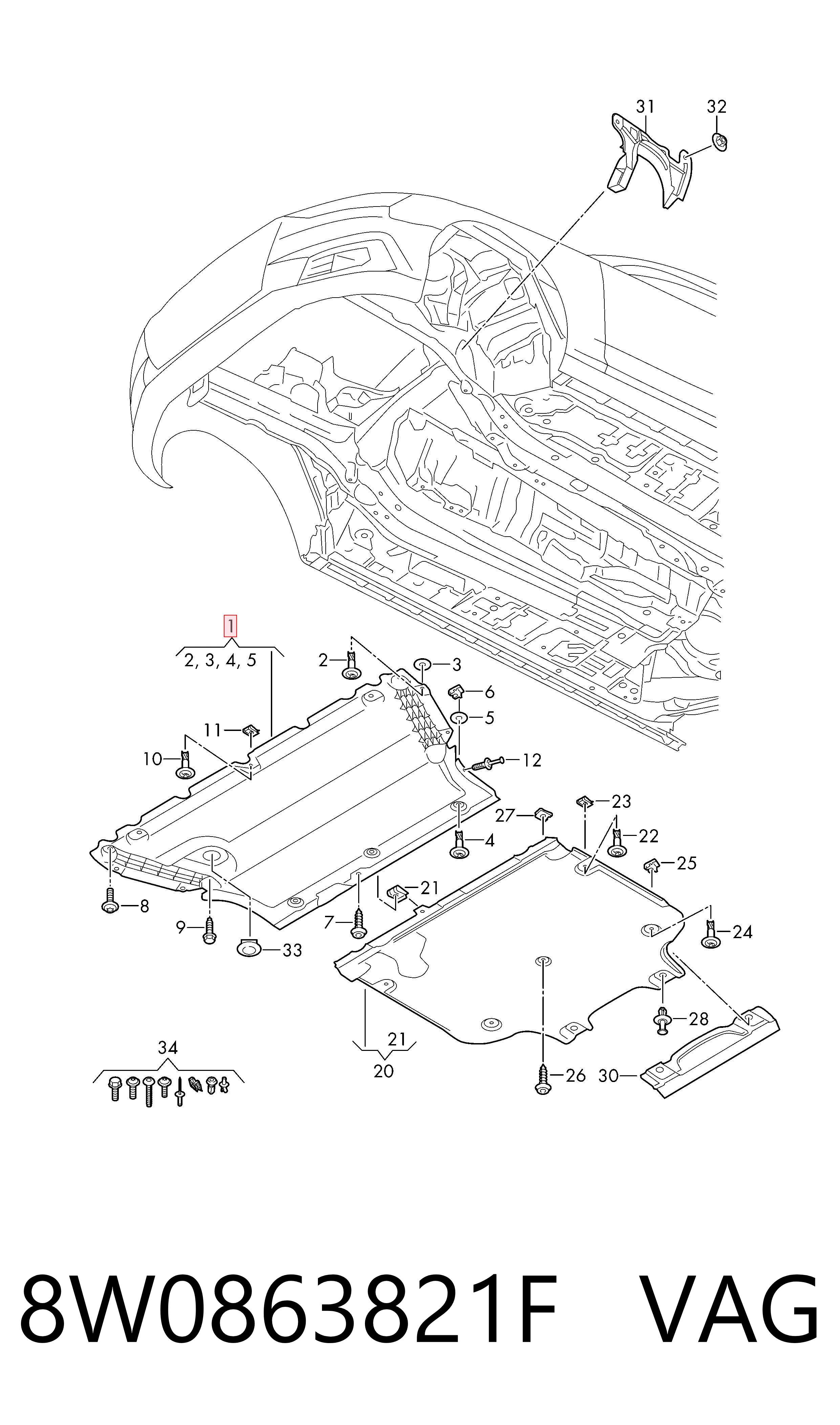 8W0863821F VAG Protector antiempotramiento del motor delantera