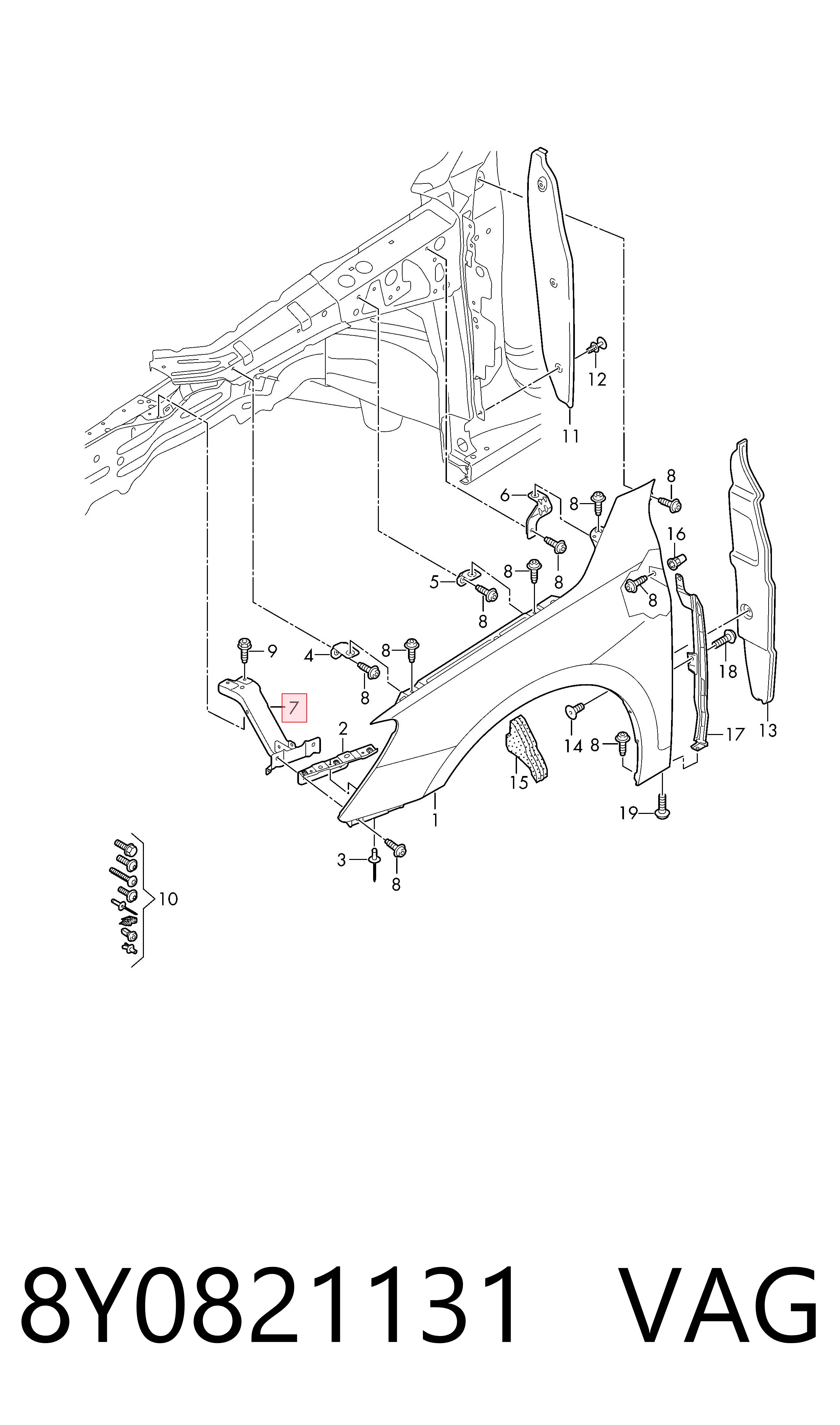 8Y0821131 VAG Soporte delantero izquierdo para aleta delantera