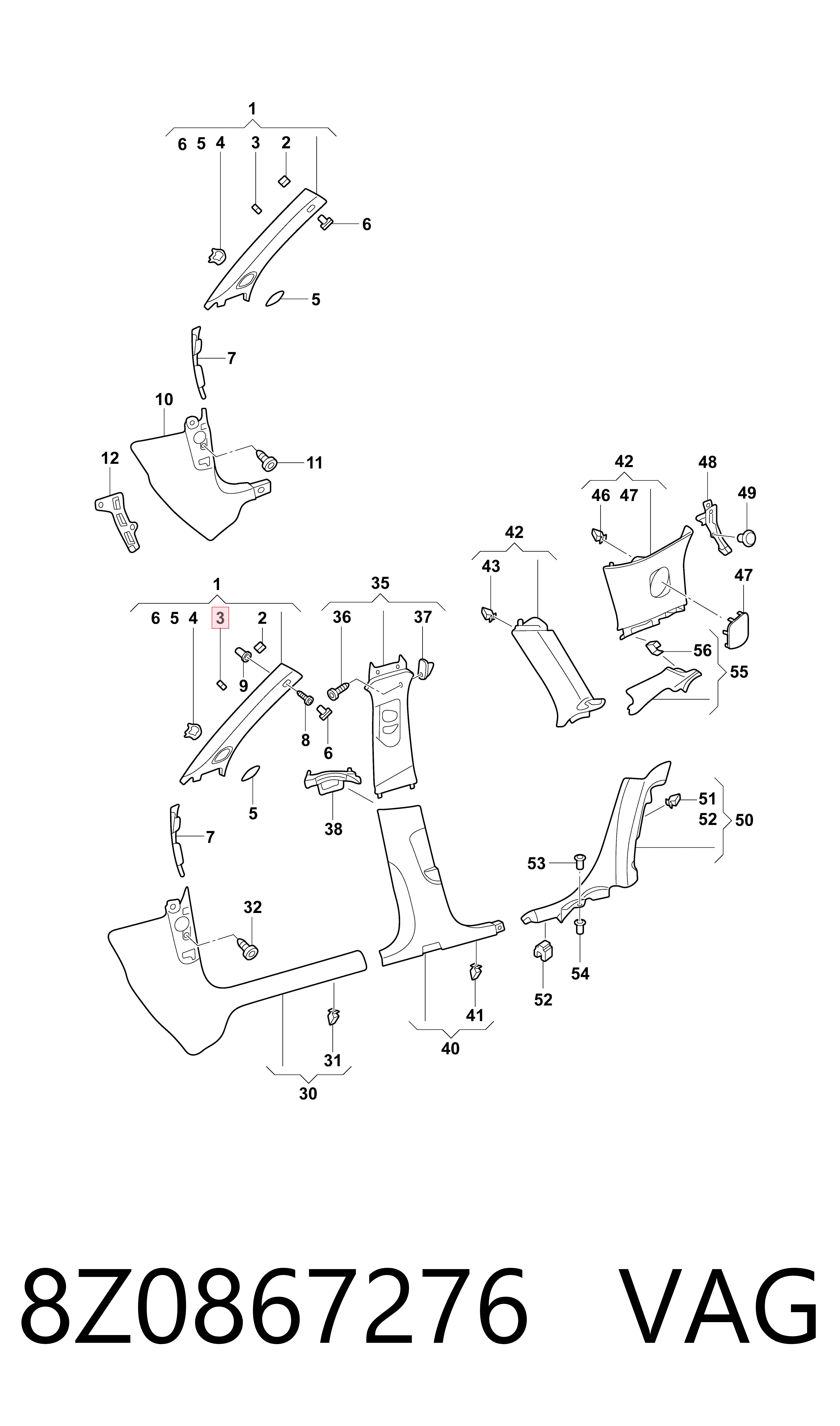 8Z0867276 VAG Clip de tapicería de la tapa del maletero