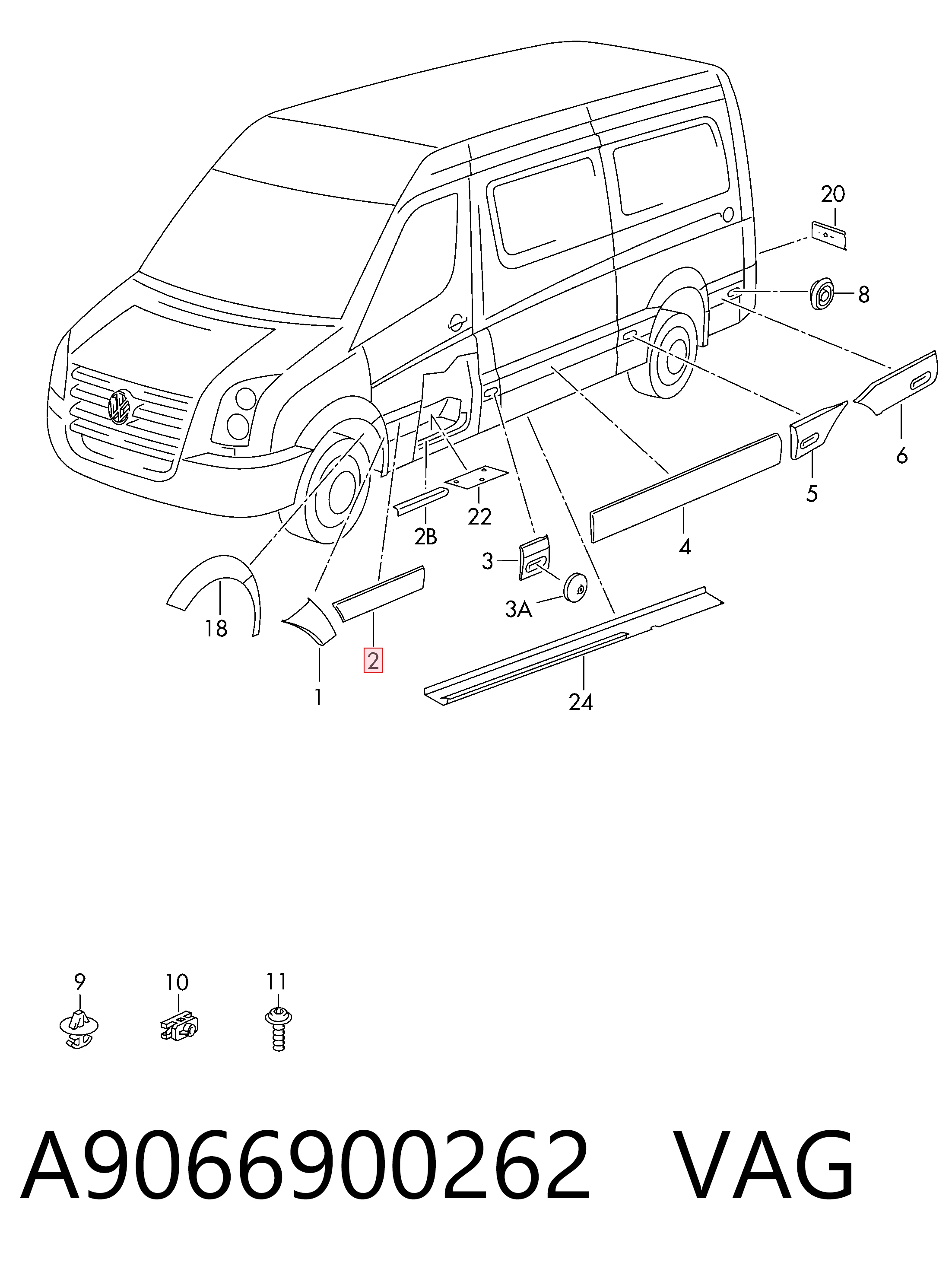 Moldura inferior de puerta delantera derecha 9066905082 Mercedes
