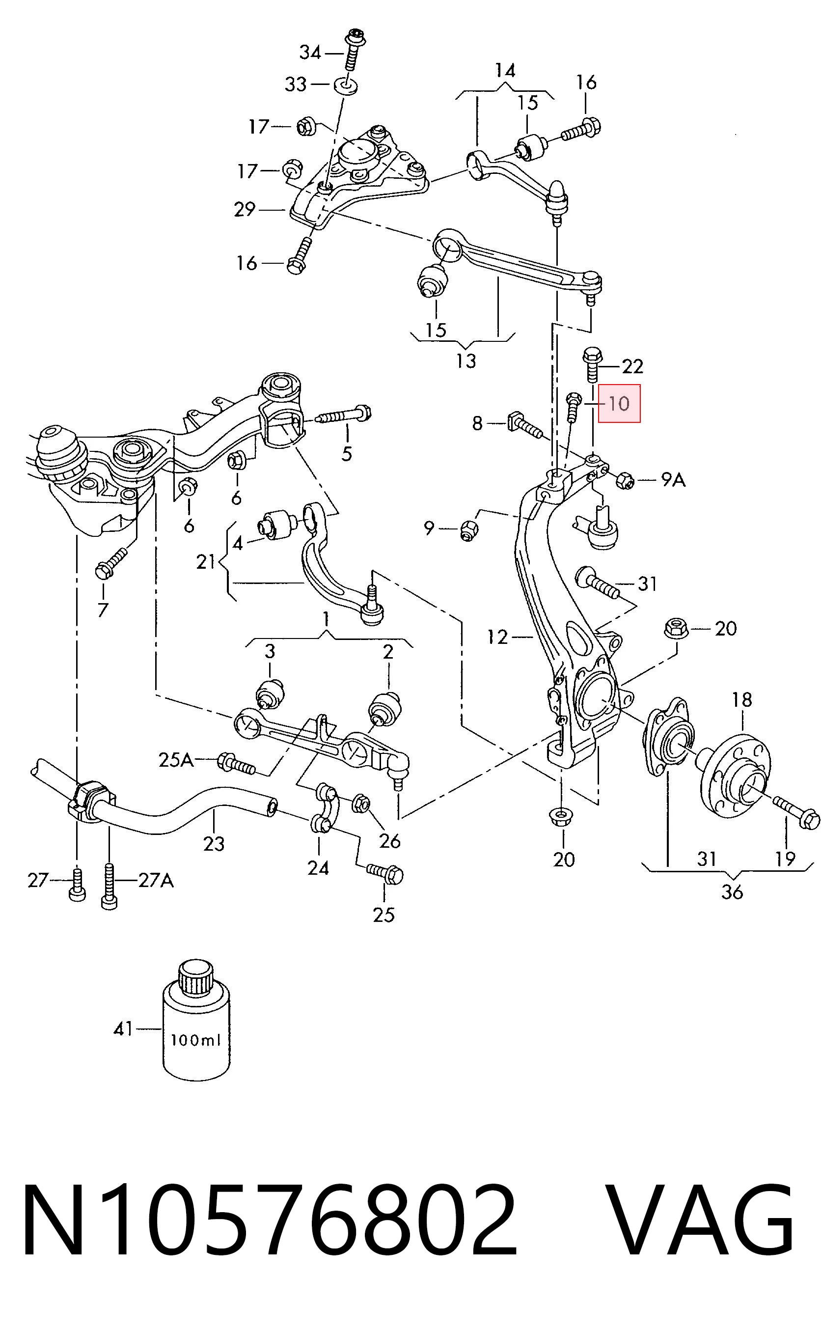 N10576802 VAG Perno de fijación del brazo de suspensión delantero superior
