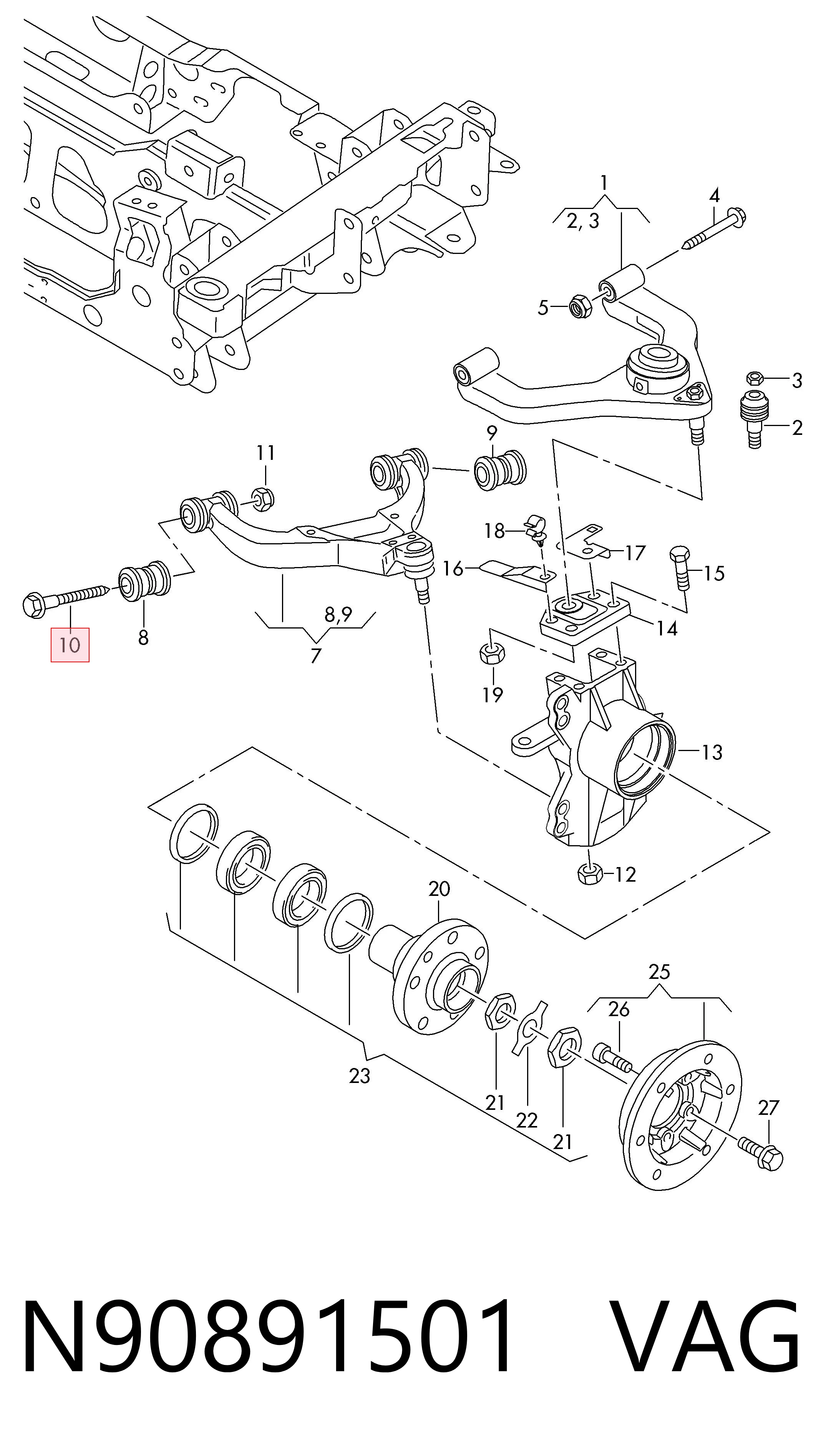 N90891501 VAG Perno de fijación del brazo de suspensión delantero superior