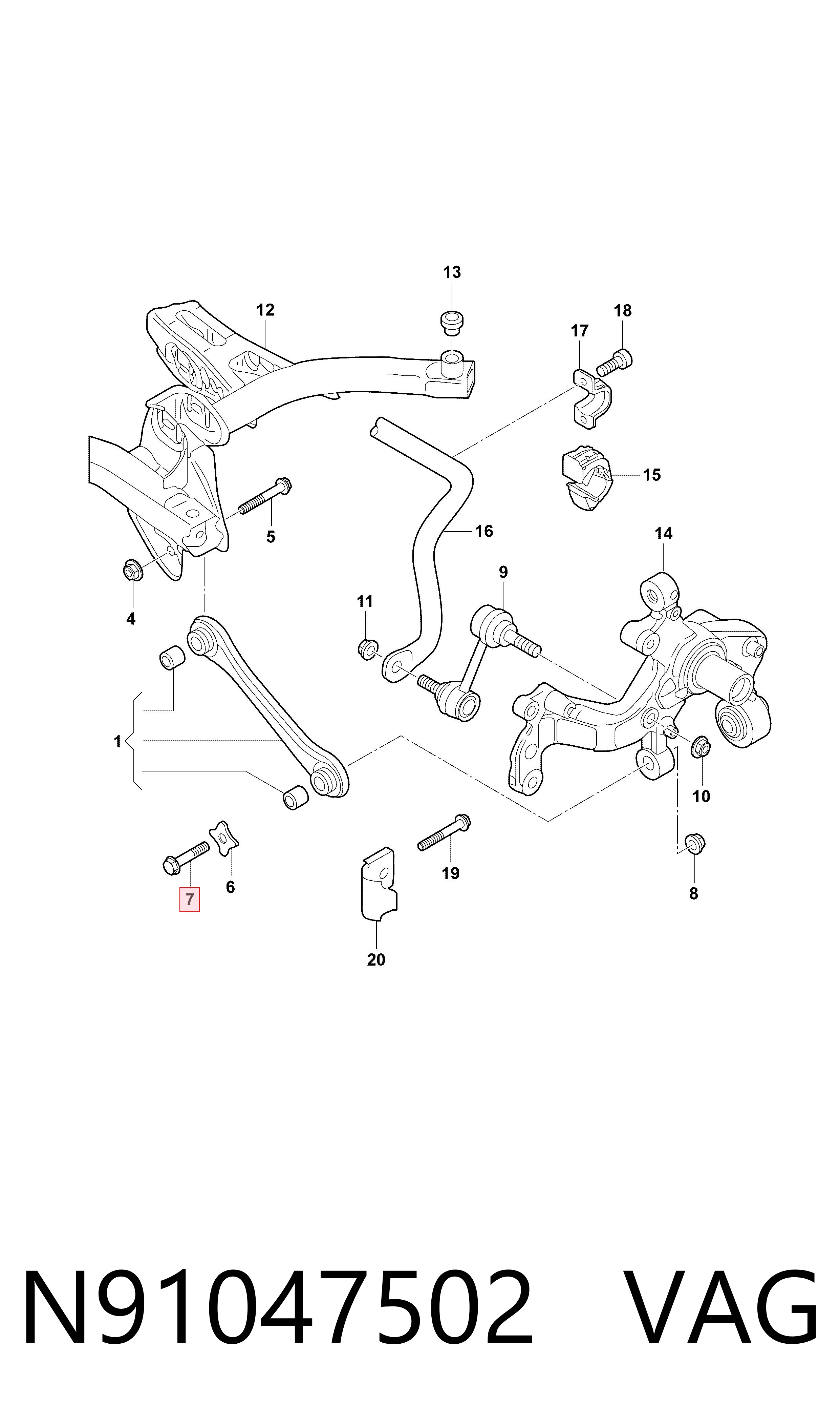 N91047502 VAG Perno de fijación del brazo superior trasero exterior