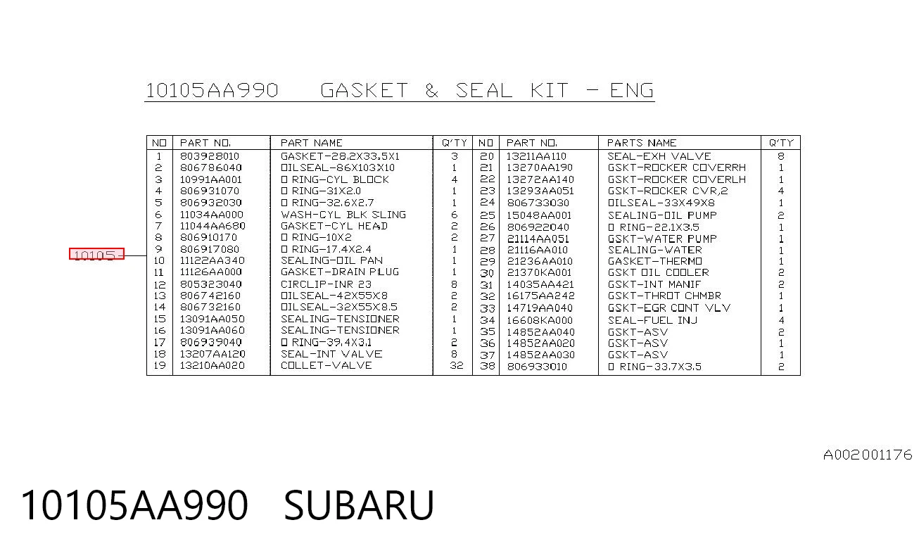 10105AA990 Subaru Juego juntas motor