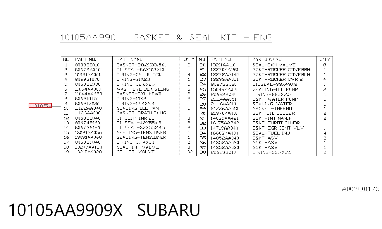 10105AA9909X Subaru Juego juntas motor