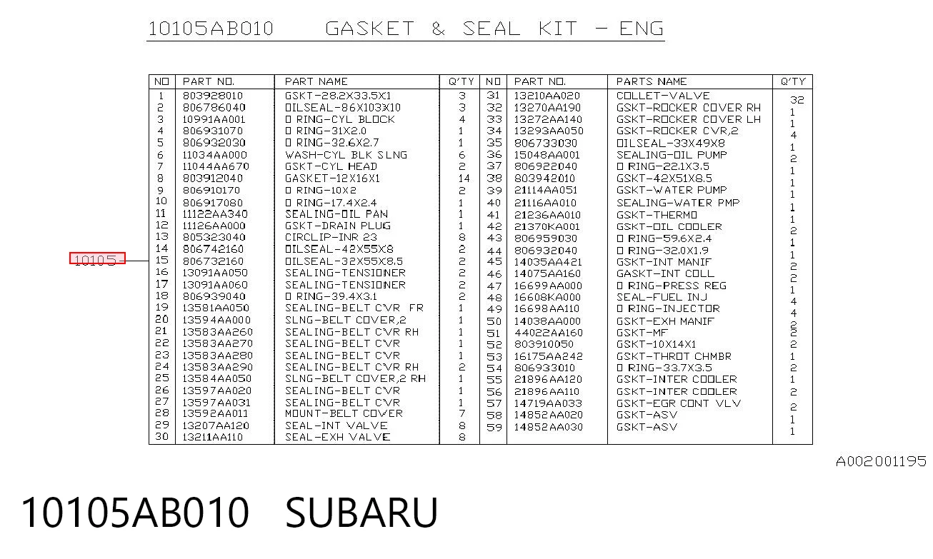 10105AB010 Subaru Juego juntas motor