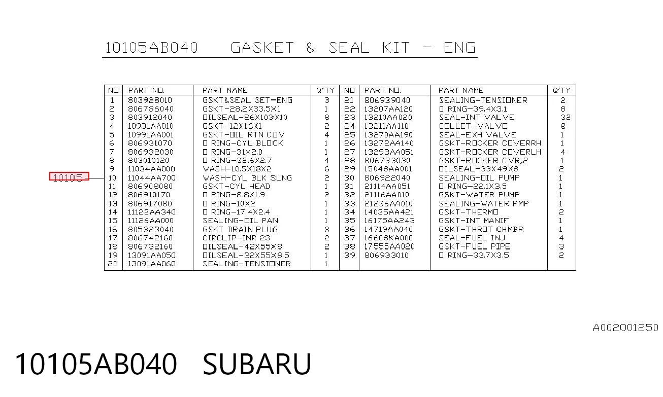 10105AB040 Subaru Juego juntas motor