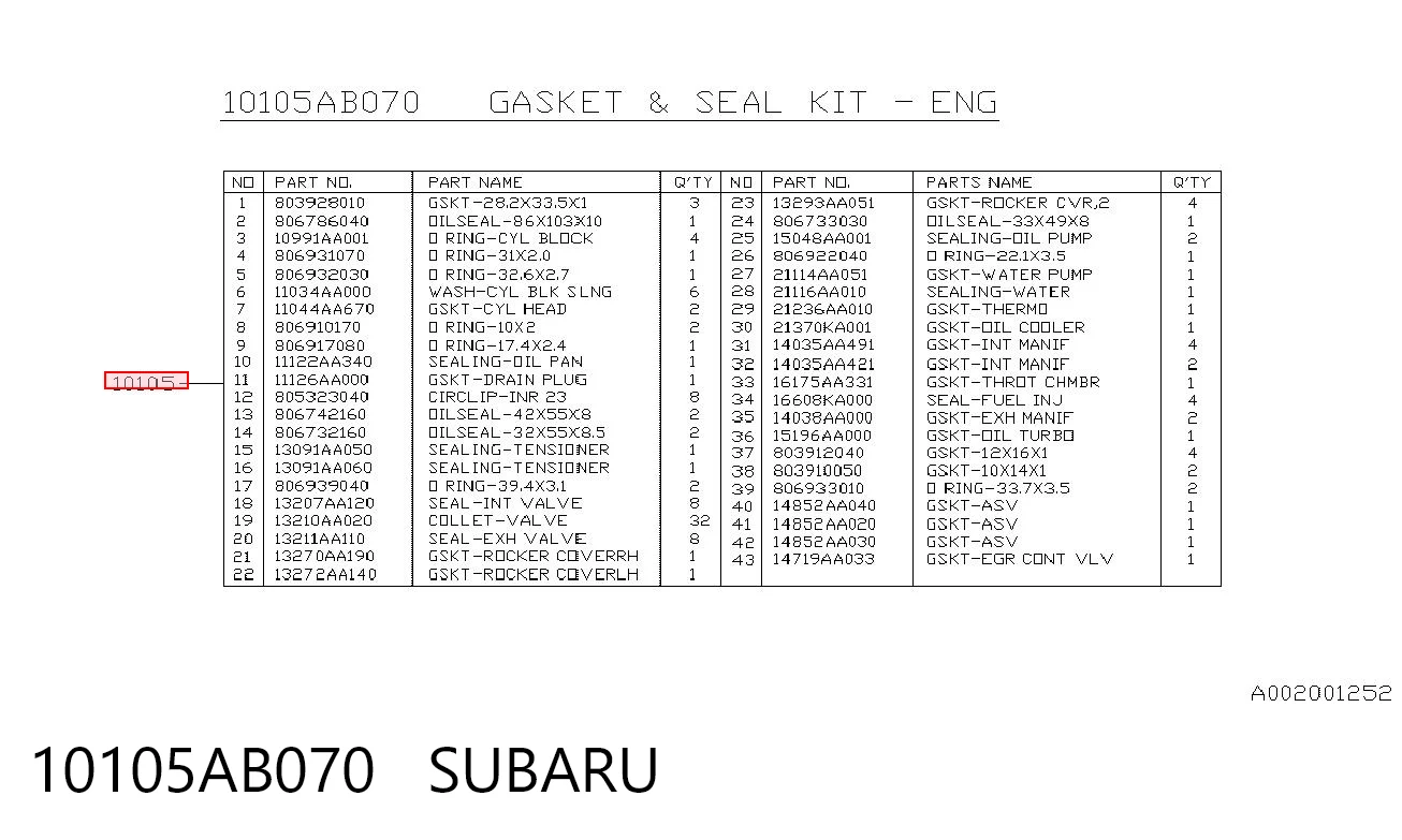 10105AB070 Subaru Juego juntas motor