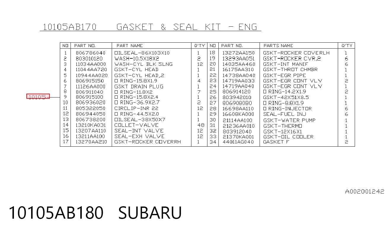 Juego completo de juntas de motor 10105AB180 SUBARU
