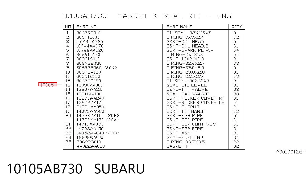 10105AB730 Subaru Juego juntas motor