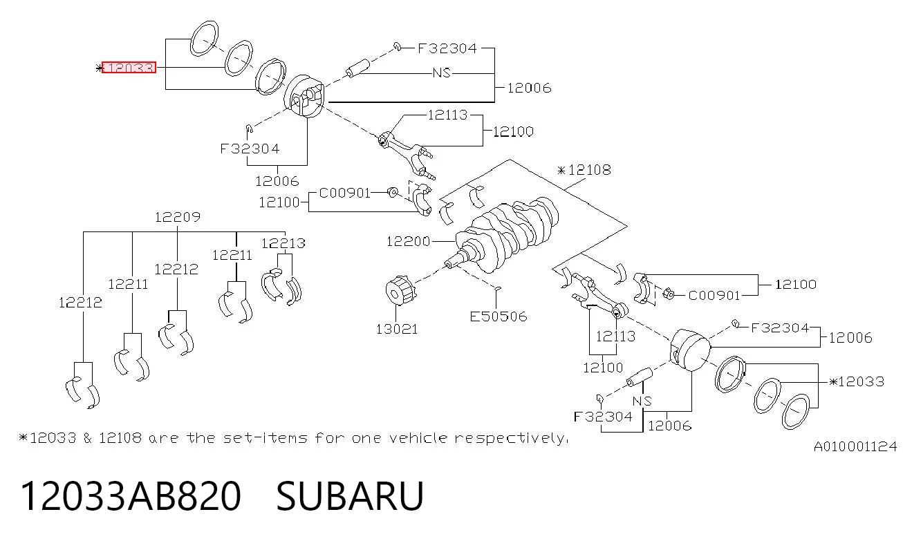 12033AB820 Subaru Juego de anillos de pistón, motor, STD