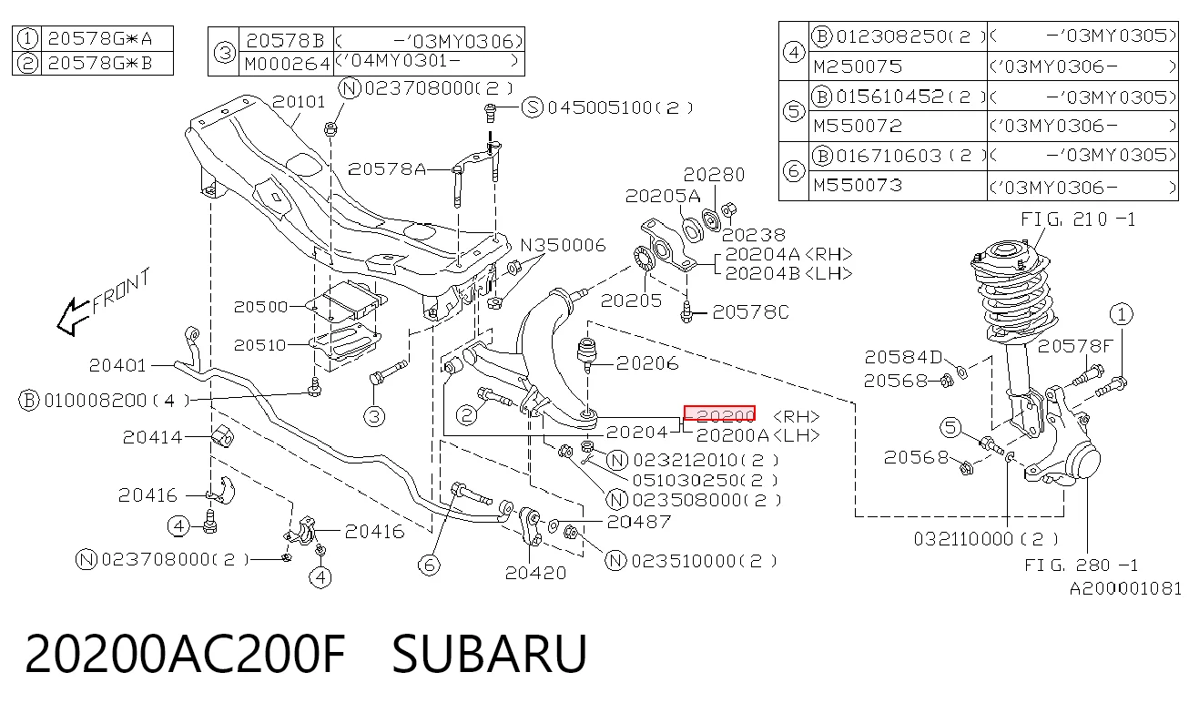 20200AC200F Subaru Brazo inferior derecho de la suspensión delantera