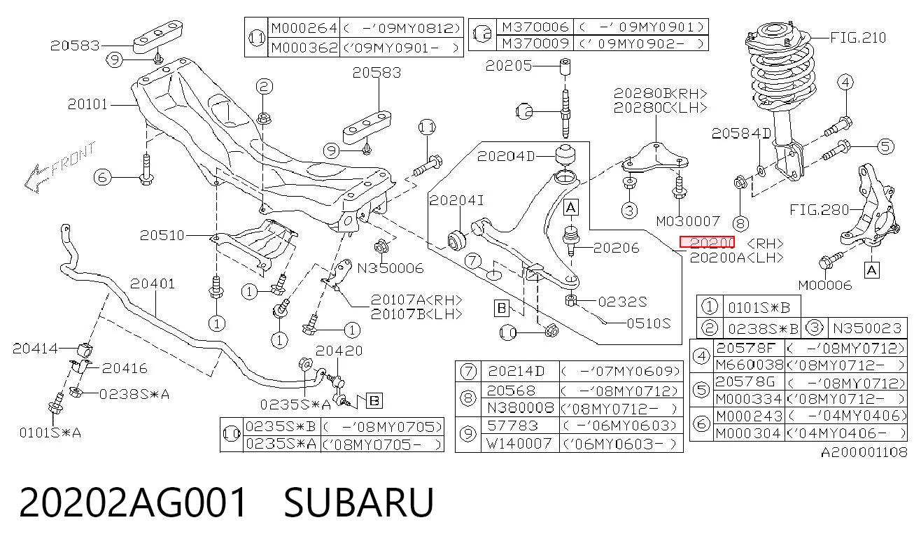 20202AG001 Subaru Brazo inferior derecho de la suspensión delantera