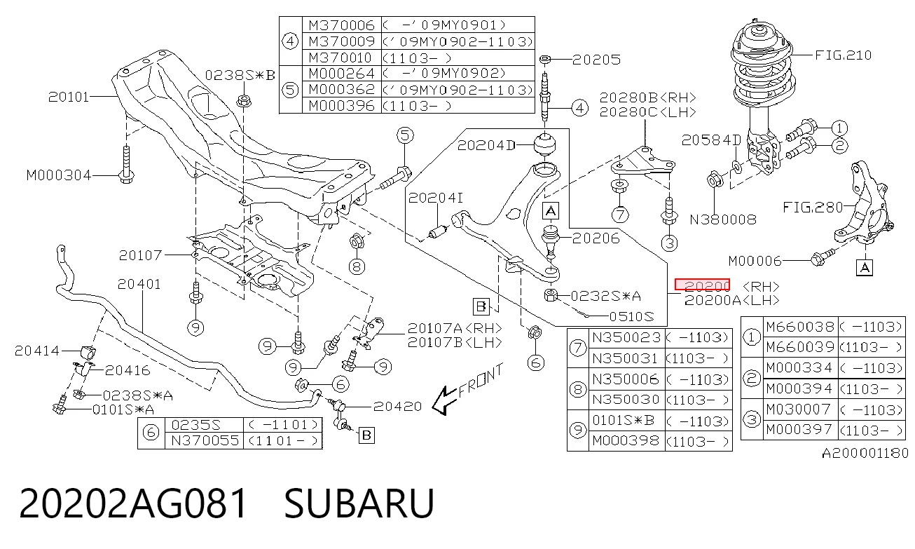 20202AG081 Subaru Brazo inferior derecho de la suspensión delantera