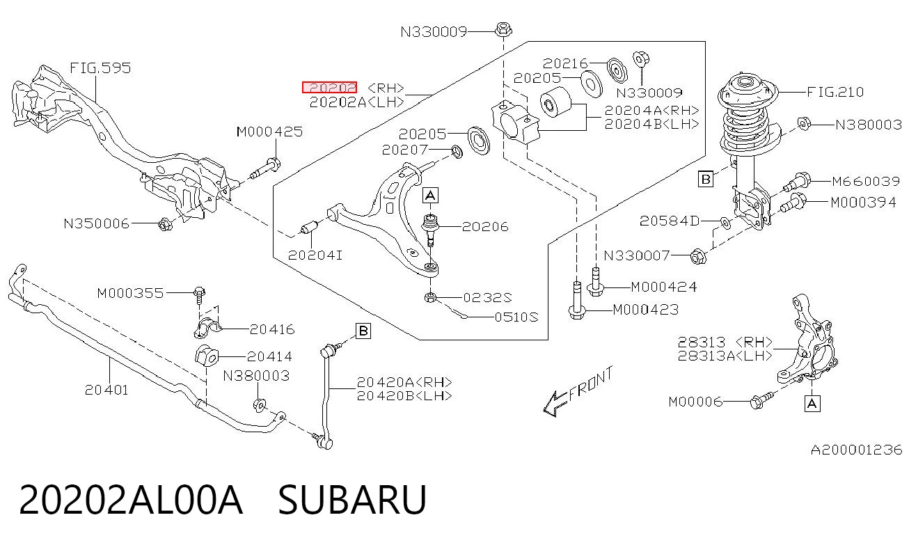 20202AL00A Subaru Brazo inferior derecho de la suspensión delantera