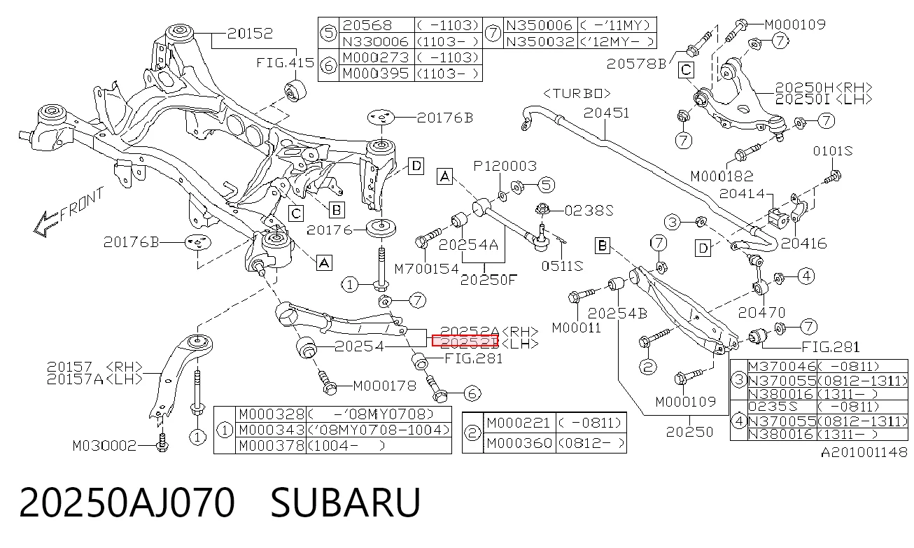 20250AJ070 Subaru Barra longitudinal de suspensión trasera izquierda