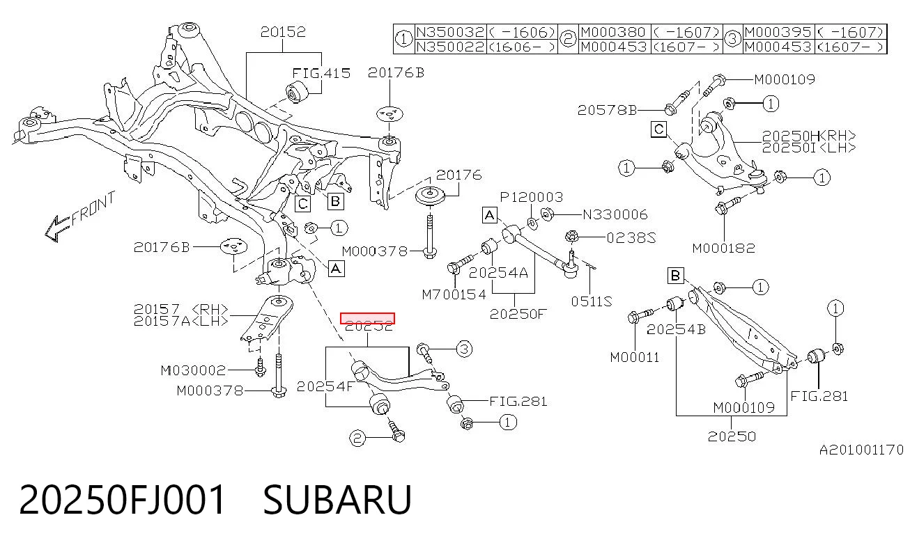 20250FJ001 Subaru Brazo longitudinal inferior trasero izquierdo/derecho