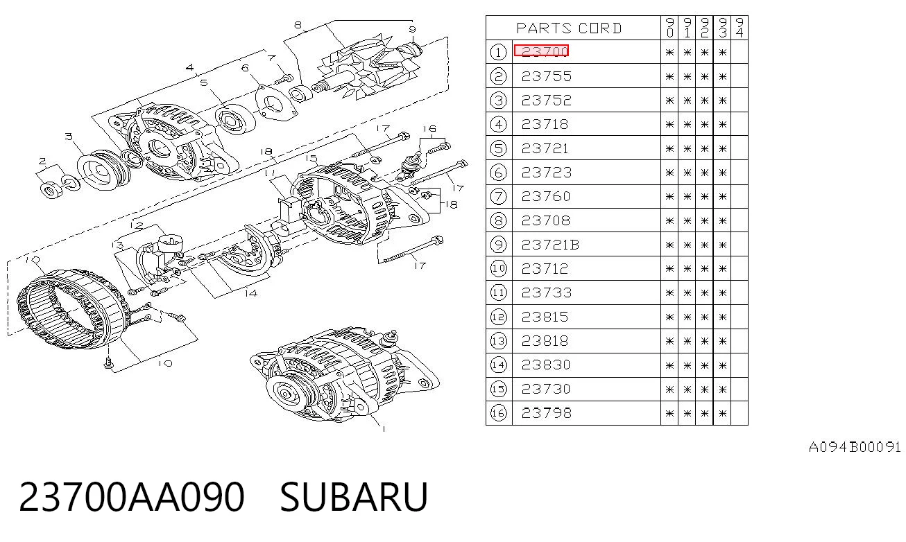 23700AA090 Subaru Alternador de coche