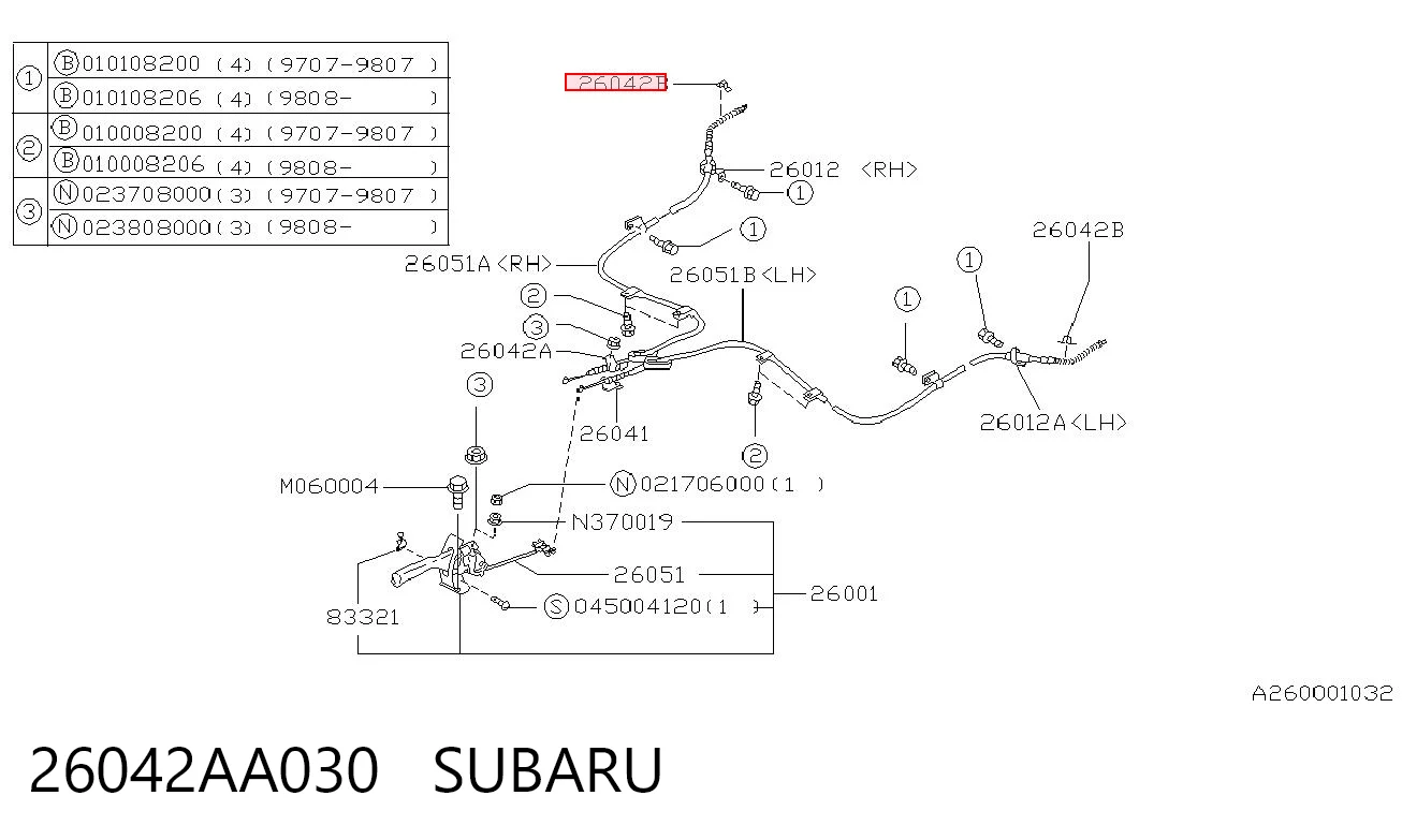 26042AA030 Subaru Cable de freno de mano trasero derecho