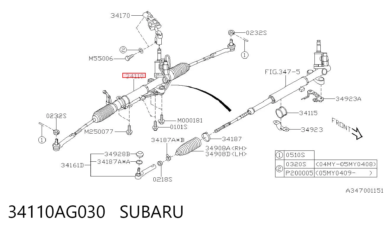 34110AG030 Subaru Cremallera caja de direccion
